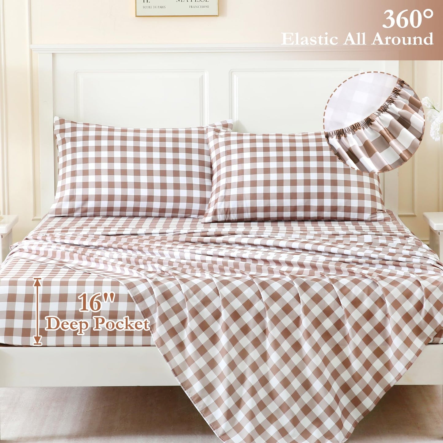 MICORAL Queen Sheet Set Tan Gingham Plaid, 4-Piece Brushed Microfiber Taupe Grid Bed Sheets, 16" Deep Pocket, Ultra Soft & Cooling Sheet, Oeko-TEX Certified, Light Brown