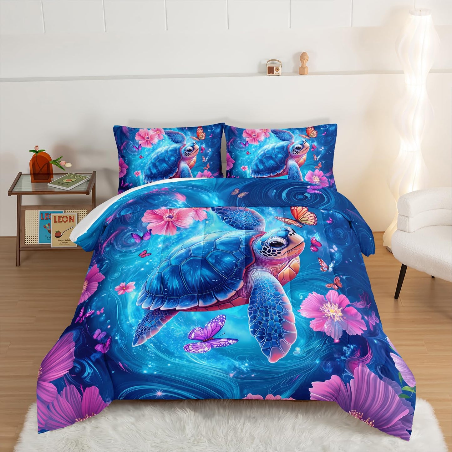 UEVBF Blue Coastal Bedding Sea Turtle Comforter Set Queen Size,Pink Flowers and Butterflies Pattern Bed Sets for Toddler Kids Girls Room Decor,Ocean Themed Bedding Sets with 2 Pillowcases.