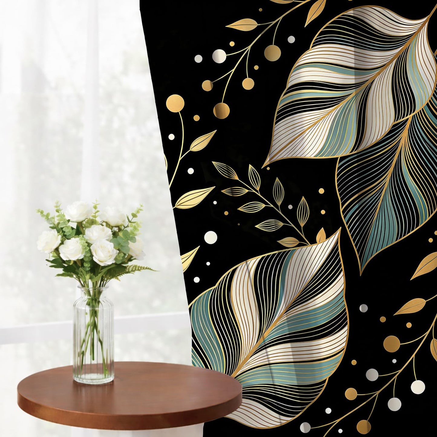 MYUSRE Black and Gold Leaf Curtains for Bedroom, 2 Panels 42x84 inch