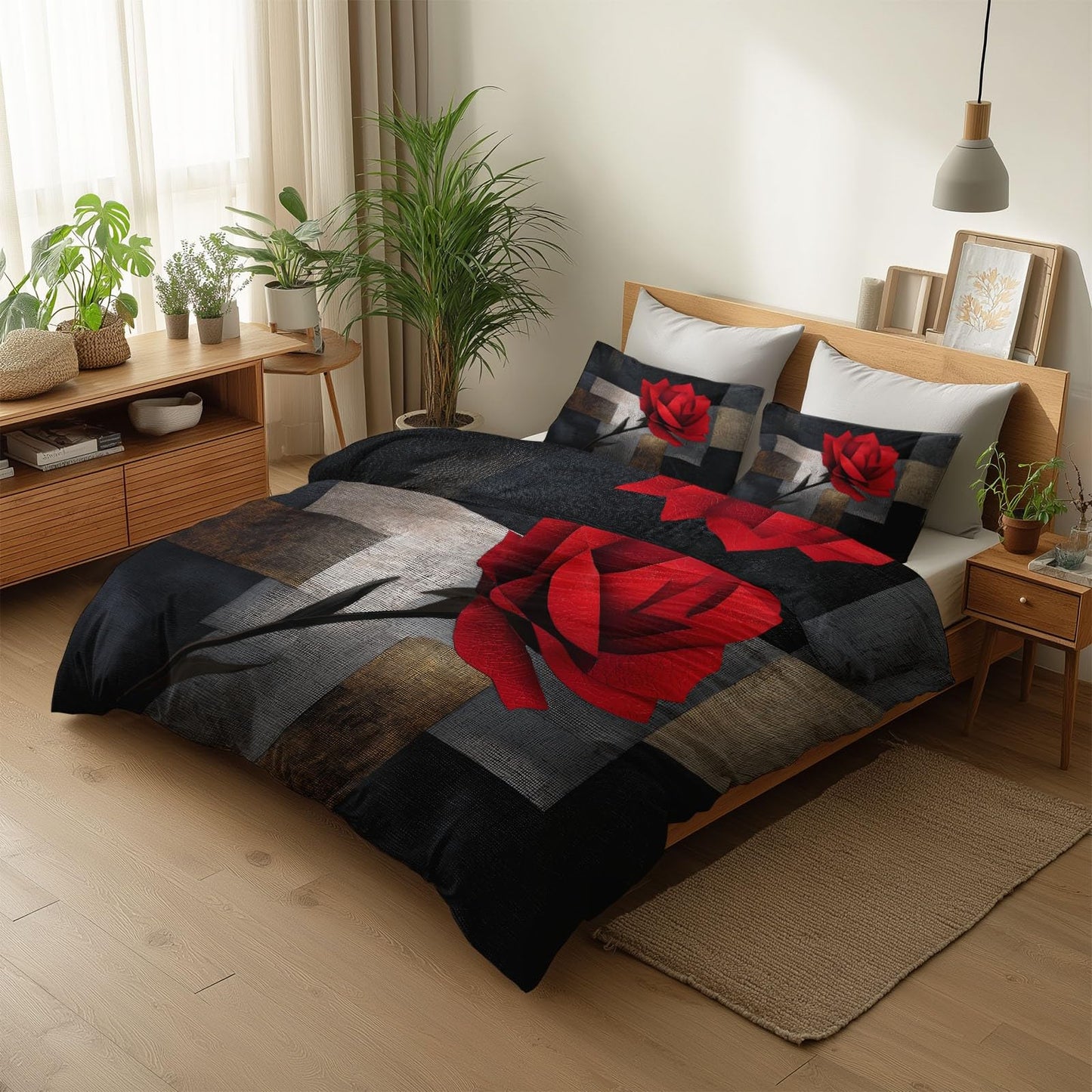 Super Soft Geometric Abstraction Duvet Cover Set Twin Size, Mosaic Leather Red Roses Bedding for Kids Boys Girls Teens - Breathable and Anti-Allergic Soft Comforter Cover 2 Pillow Shams