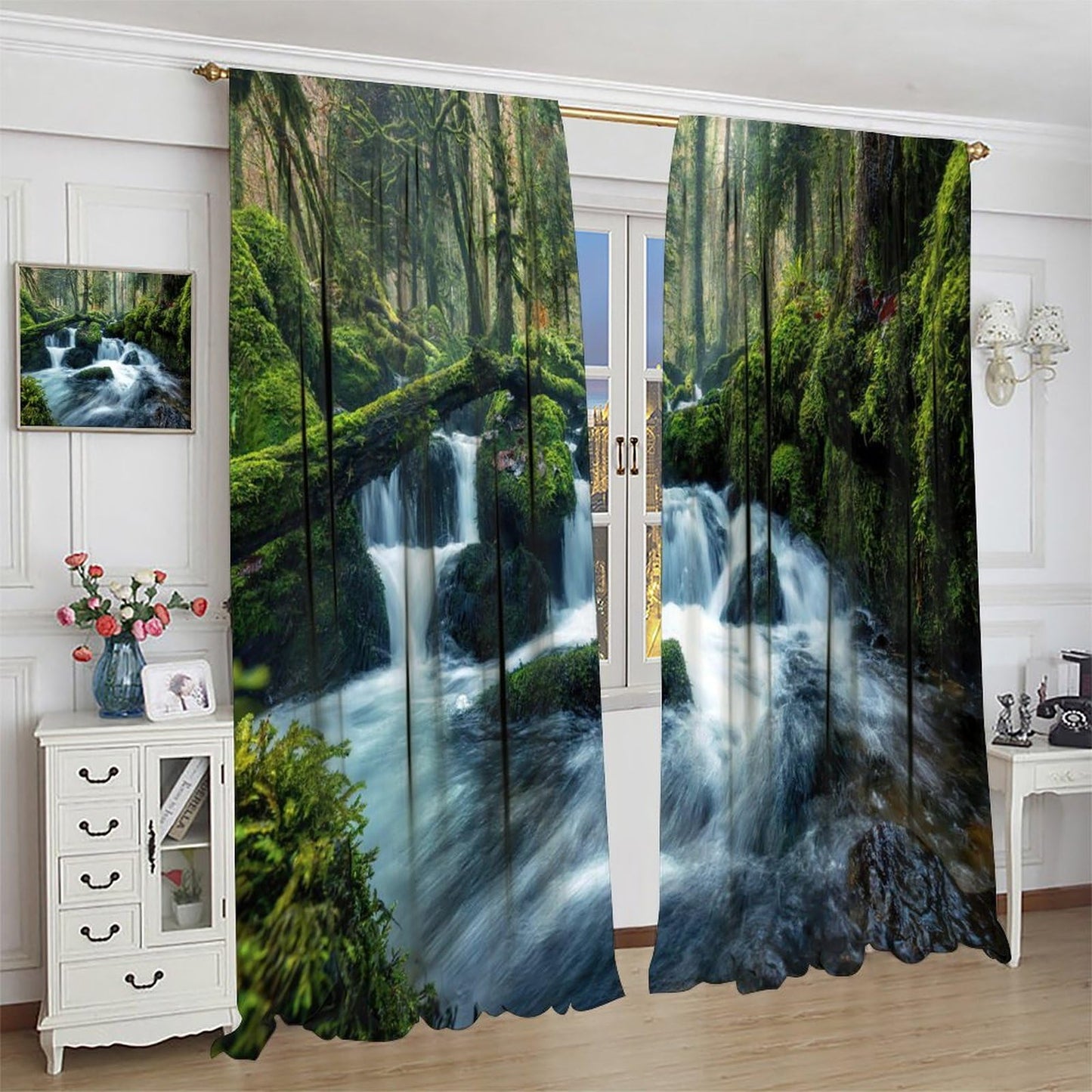 AuiMzoo Waterfall Landscape Blackout Curtains, Natural Green Trees Plants Waterfall Scenic Landscape Jungle, Bedroom Living Room Kitchen 21" W x 45" L