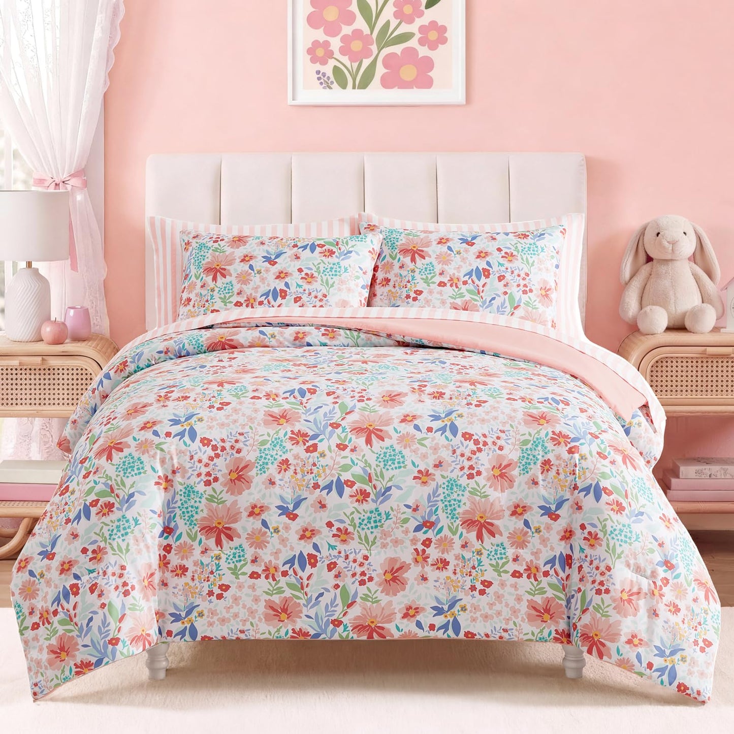 AMBERSPACE Twin XL Comforter Set for Girls, Pink Floral Garden Bedding Set, All Season Kids Bed in a Bag Dorm 5 Pieces with Sheets, Pillowcase & Sham