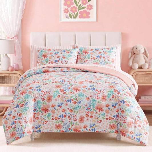AMBERSPACE Twin XL Comforter Set for Girls, Pink Floral Garden Bedding Set, All Season Kids Bed in a Bag Dorm 5 Pieces with Sheets, Pillowcase & Sham