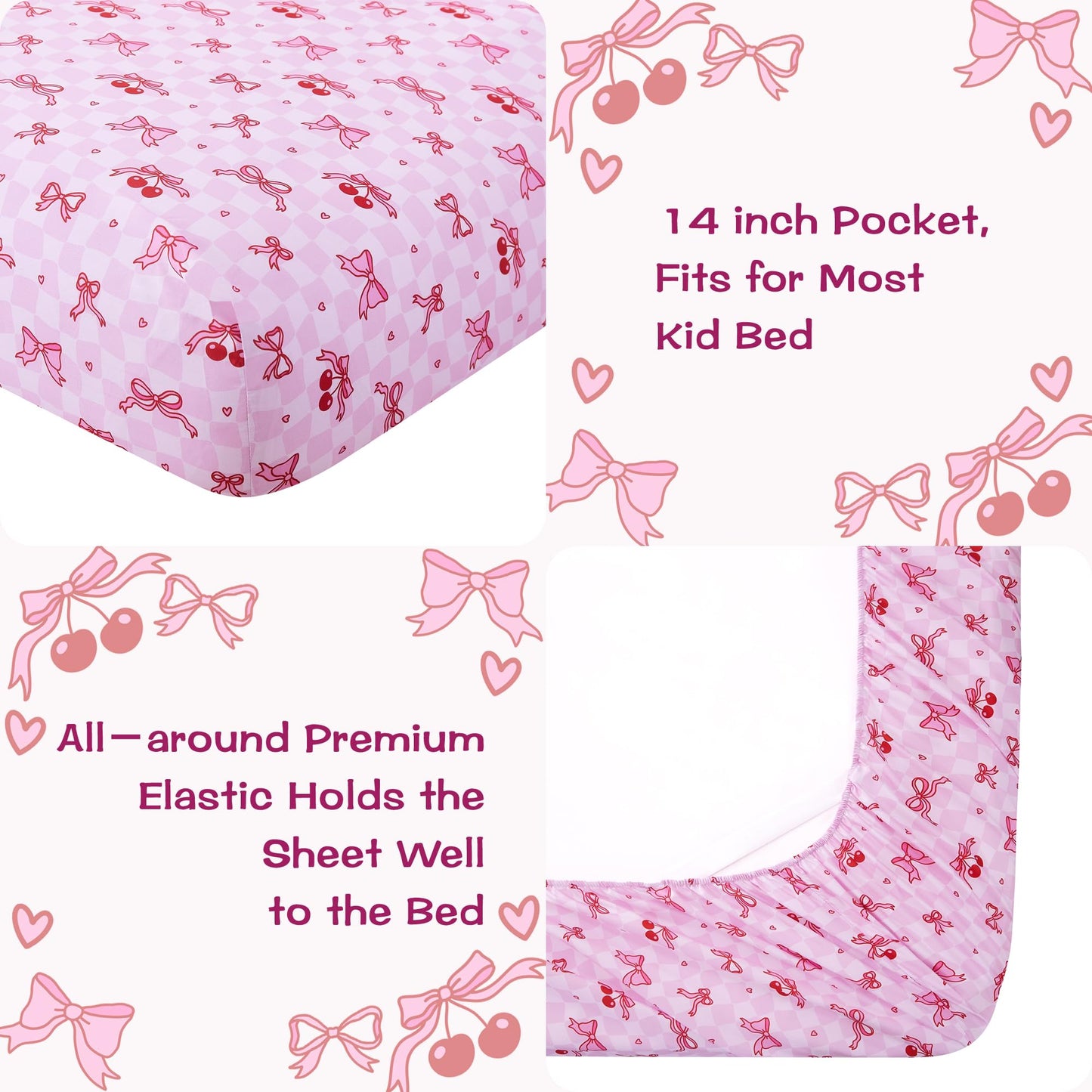 lasoftan Kids Sheet Set Twin Size, Twin Sheet Set with Pink Cherry Pattern，Breathable Silky Soft Microfiber Kids Fitted Sheet