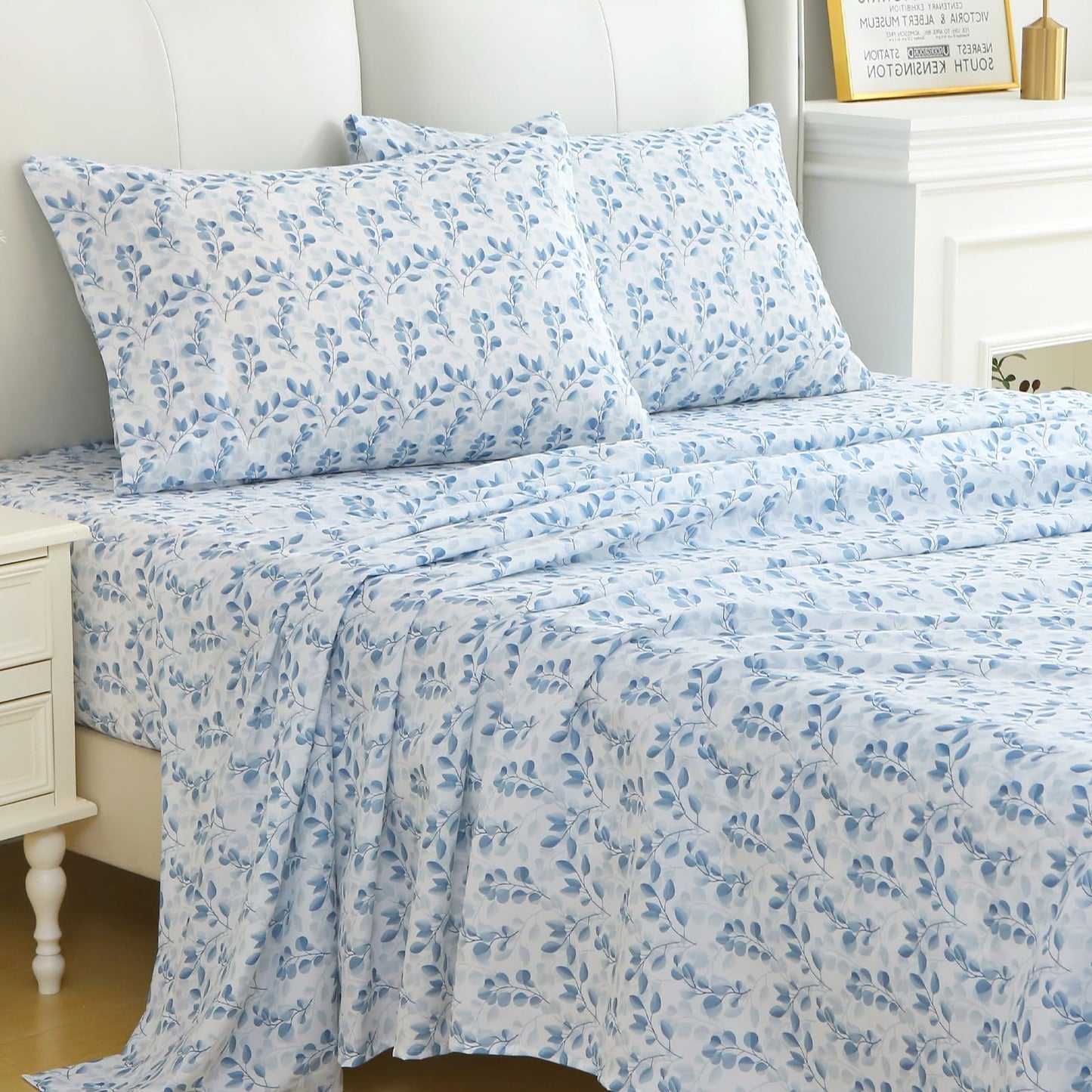 MUXHOMO King Size 4 Piece Sheet Set, Soft Breathable Bed Sheet Set for Bedroom with Deep Pocket Up to 16", Wrinkle-Free & Cooling Bedding for Oeko-TEX Certified - Blue Leaves