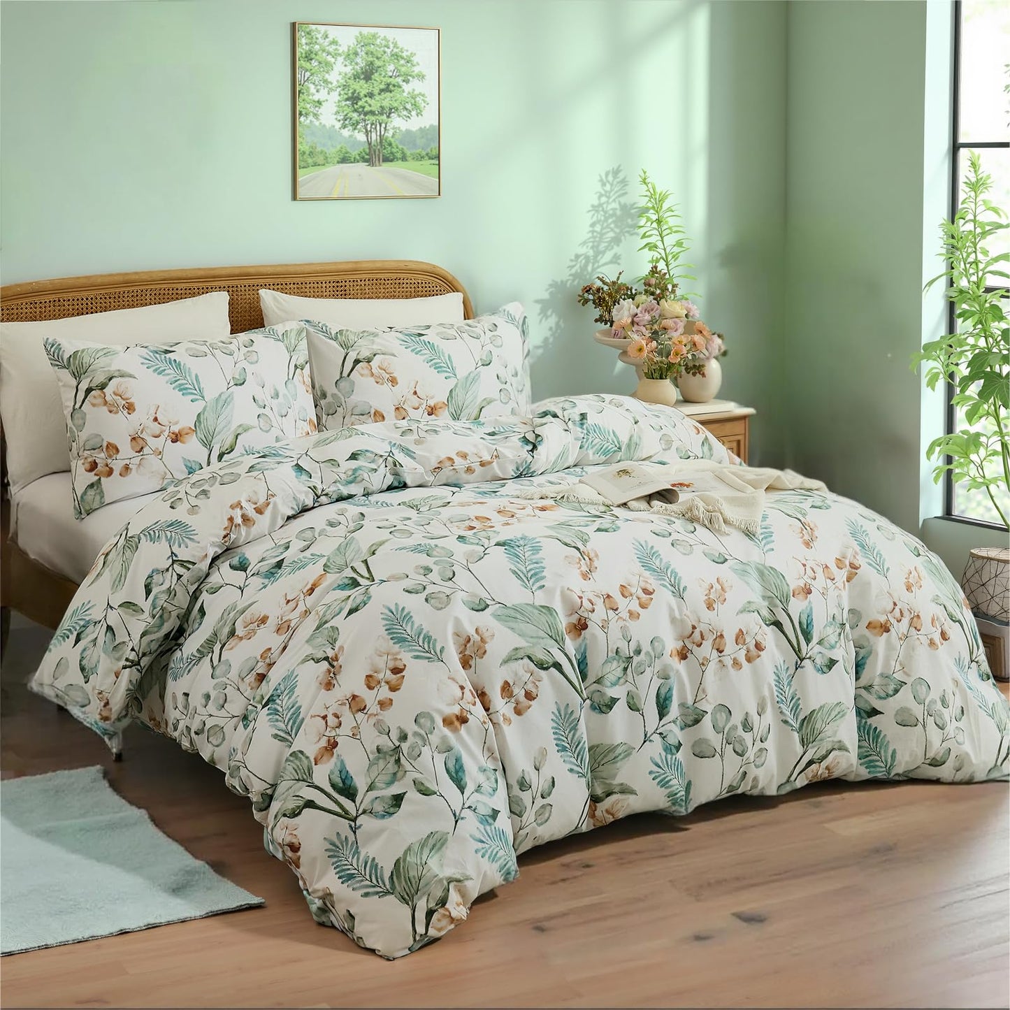 Cozaline 100% Cotton Duvet Cover King Size – Eucalyptus Botanical Print Green Floral Duvet Cover Set, 3-Piece Soft Breathable Natural Premium Cotton Bedding Set for All Seasons