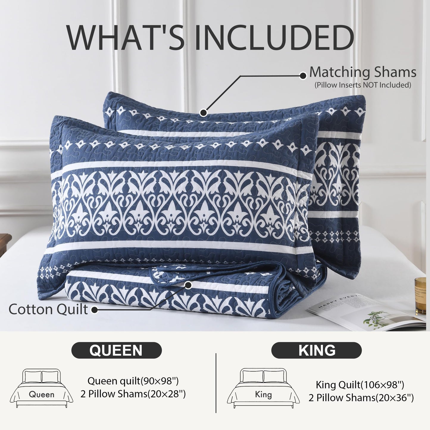 BCOTTOND Quilt Set 100% Cotton Boho Striped King Quilt,Navy Blue Quilt King Size Bohemian Pattern King Bedspread Lightweight All Season 3 Piece