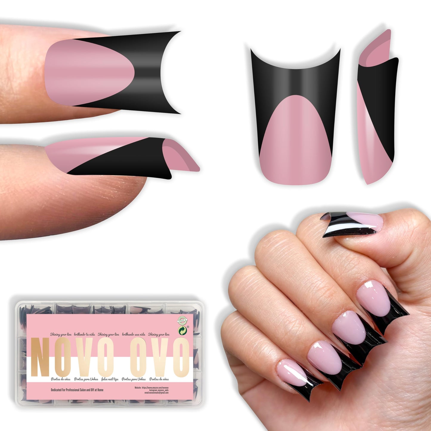 NOVO OVO Duck Nails Short with Moon Curve Black French Tips Berry Pink, 240Pcs Soft Gel Flare Wide French Full Cover False Nail Tips, Press on Acrylic Extension (15 Sizes)