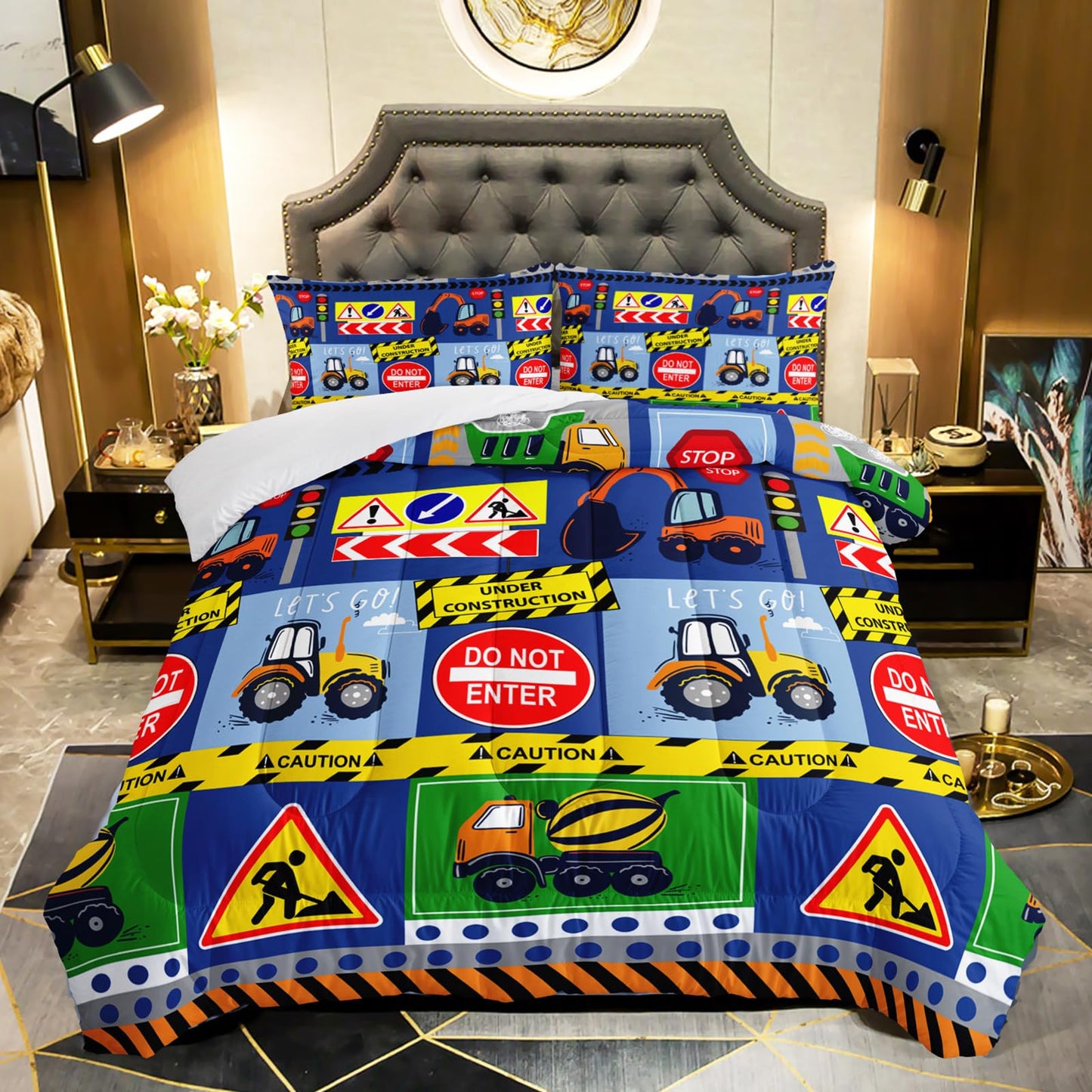 QOOMO 3Pcs Construction Comforter Set Twin,Excavator Bedding Set for Teens Boys Girls,Tractor Printed Comforter with 2 Pillowcases,Down Alternative,Soft and Lightweight