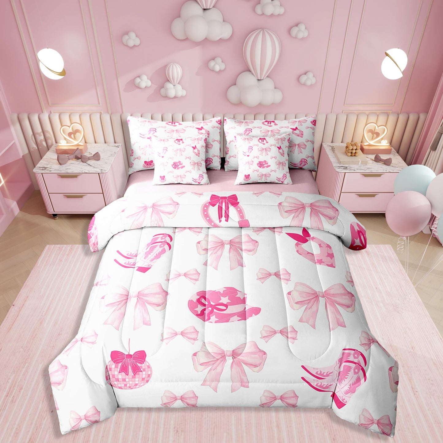 Erosebridal 7 Piece Western Cowgirl Comforter Set King Bed in a Bag,Pink Bowknot Bow Bedding Set for Girls Women,Rustic Farmhouse Quilt,Vintage Cowboy Hats Boots Duvet Set,Funky Disco Ball Sheet Set