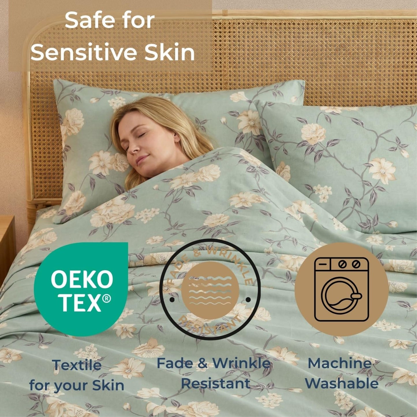 HLC.ME Vintage Green Floral Bed Sheets - 4 Piece Bed Sheet Set - Wrinkle Resistant & Ultra Soft - Fits Mattresses up to 15 Inches Deep (Queen)