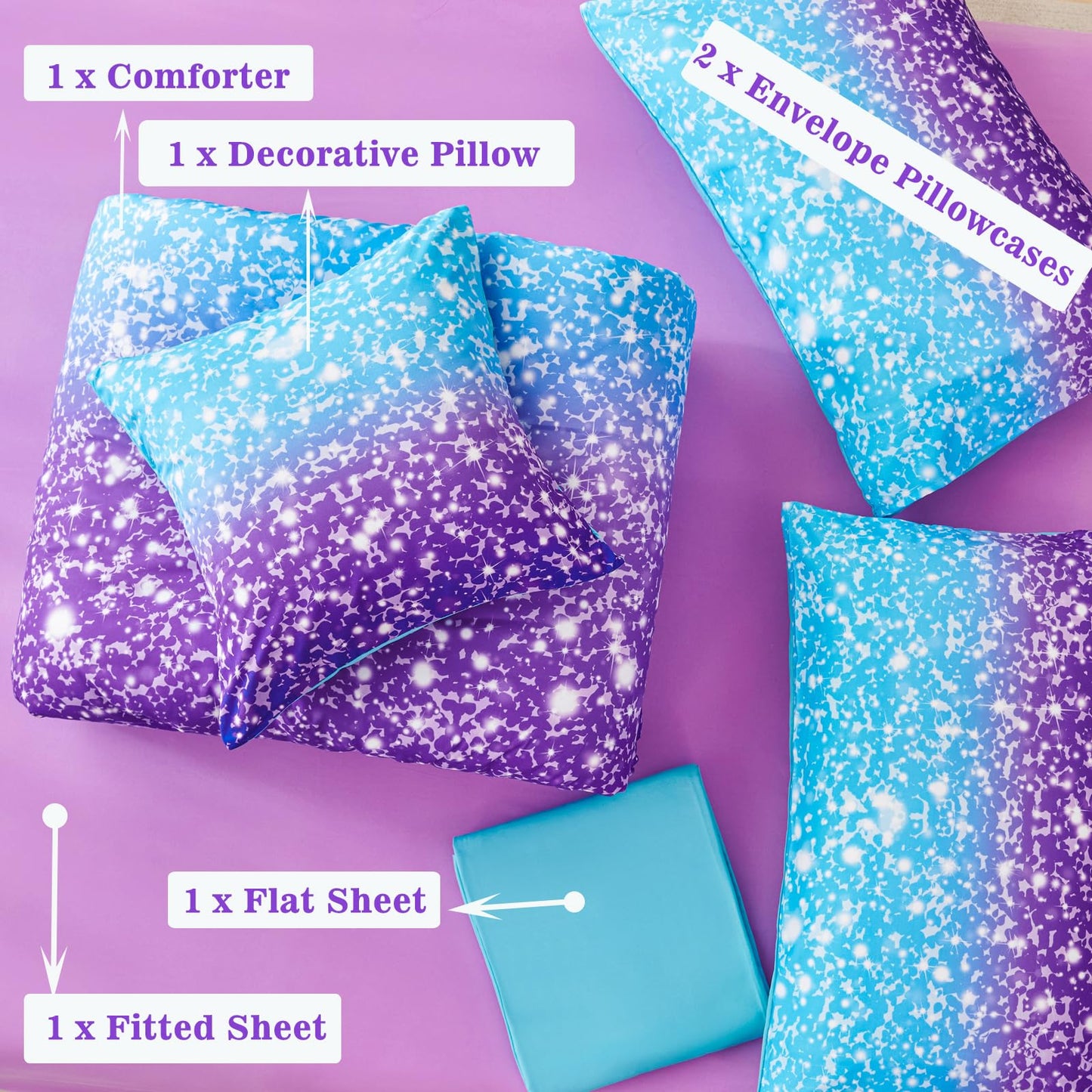 RYNGHIPY Blue Purple Girls Bedding Set 3D Colorful Galaxy Starry Comforter Sets for Girls Kids Twin Lightweight Soft Rainbow Bed in A Bag