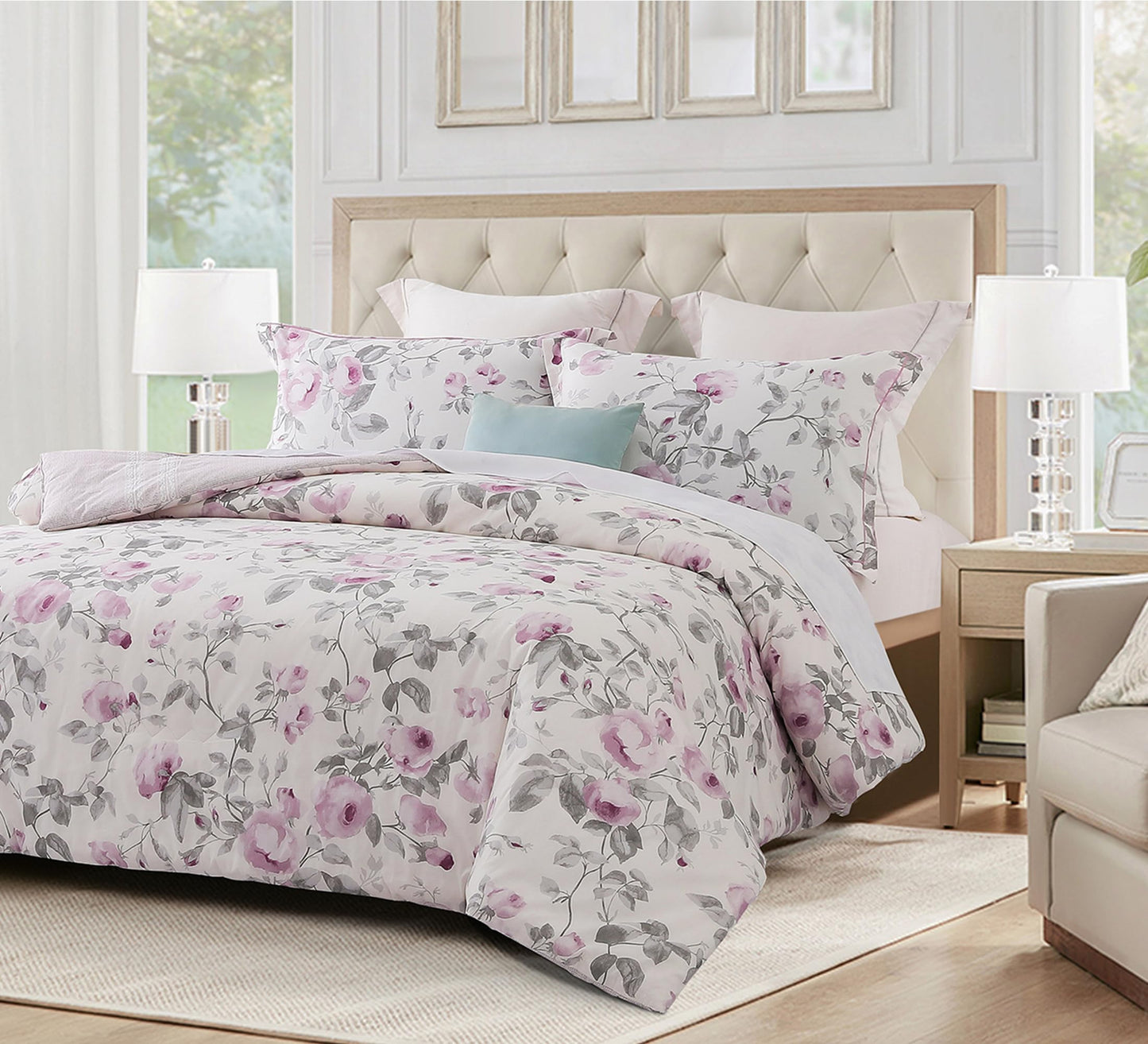 SLEEPBELLA Comforter Queen Size, 600 Thread Count Cotton White Print with Purple Flowers Reversible Comforter Sets, Down Alternative Bedding Set 3Pcs(Queen, Purple Floral)