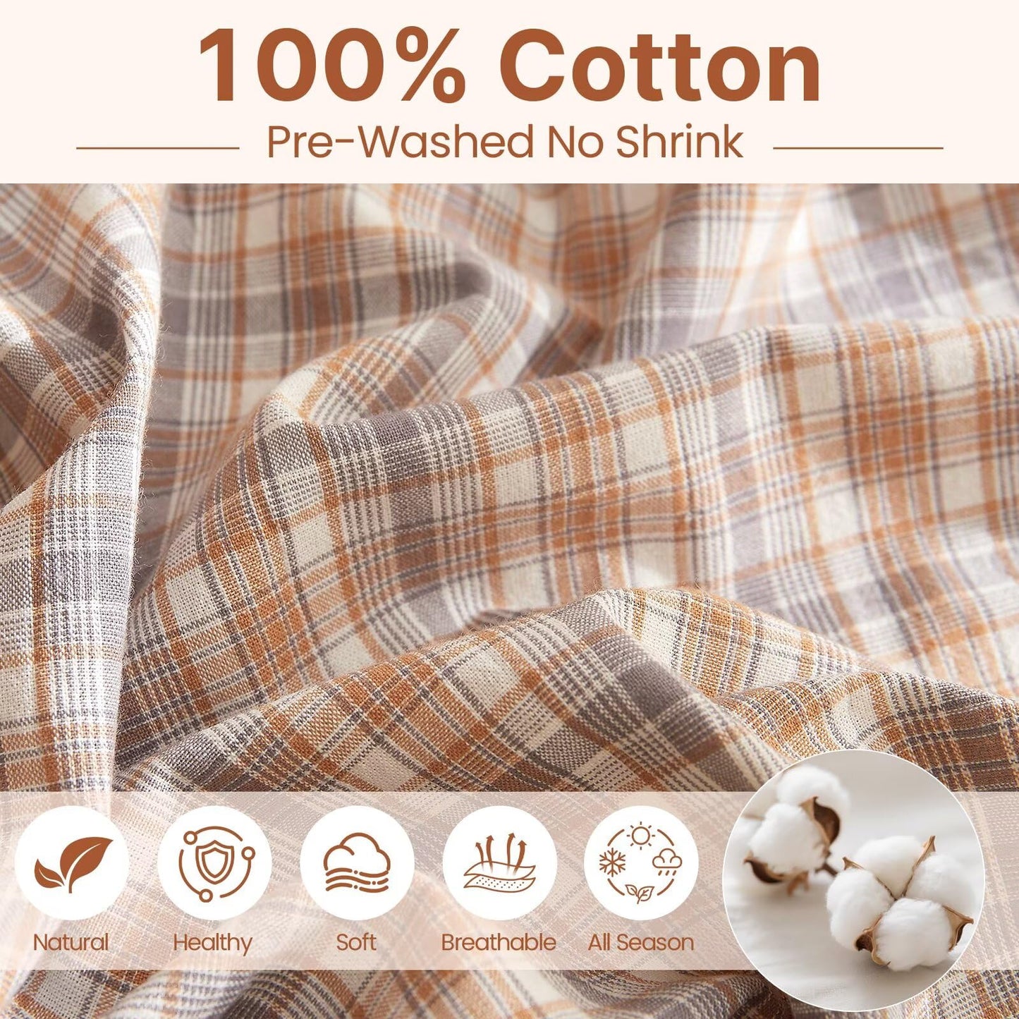 AMZTOP Plaid Queen Size Duvet Cover Set 100 Cotton,1 Duvet Cover and 2 Pillowcases,Soft Comfy Breathable Comforter Covers Bed Set,Washed Cotton Zipper Closure Queen Bedding 90"×90"