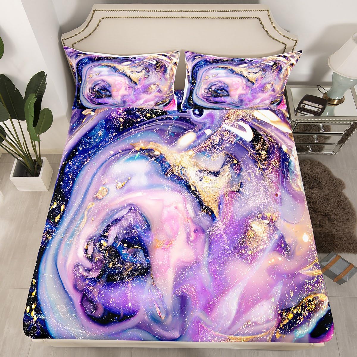Feelyou Full Size Marble Bed Sheet Set Purple Gold Marble Printed Bed Sheets Modern Marble Pattern Bedding Set for Kids Women Adults Super Soft Luxury Lightweight Fitted Sheet Abstract Art Sheet Set