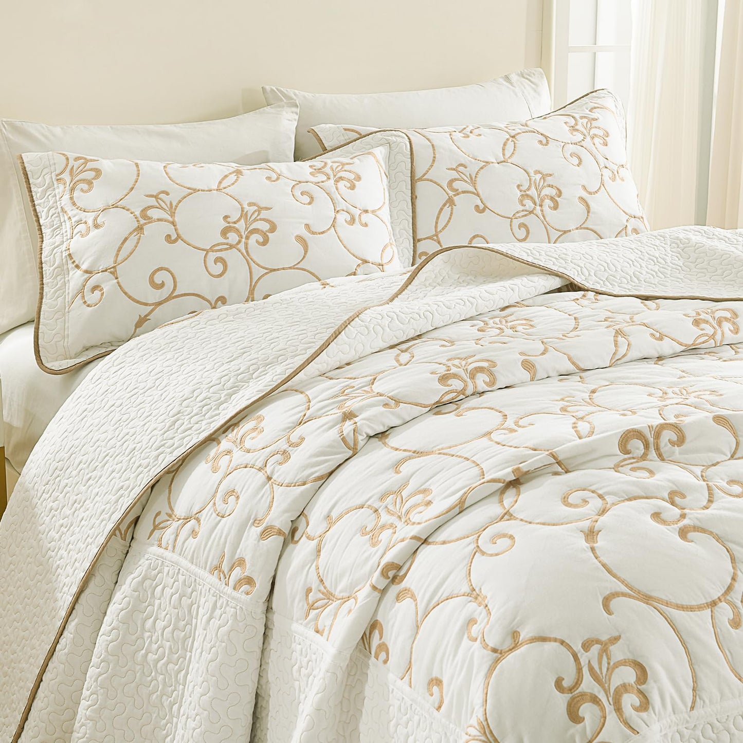 Finlonte Oversized Queen Bedspread 120"x102" - 100% Cotton Vine Embroidery Quilted Bedspread, Off-White(Ivory) Bedspread Coverlet Golden Vine, Lightweight Extra Large Queen Quilt Set with 2 Pillowsham