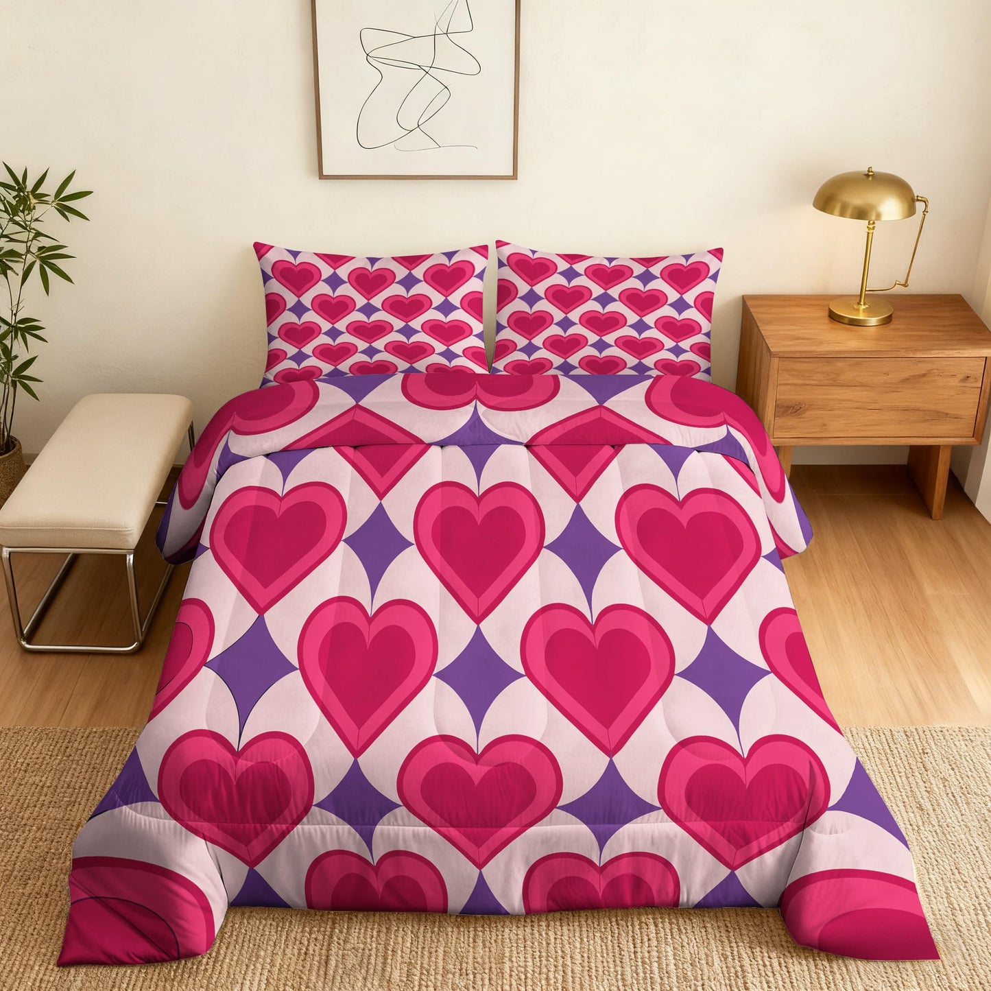 TANCAPRIUM Retro Heart Comforter Set Twin - 70s Bedding Set & 2 Pilow Cases for All Season - Soft Reversible Down Alternative 3 Piece. Retro Bedrom Decor