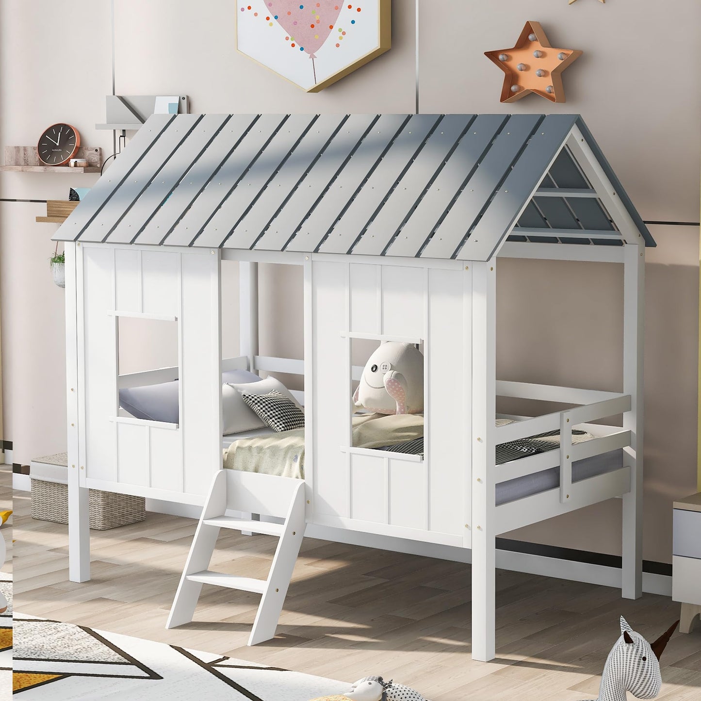 Twin Size Wooden House Bed with Ladder, Kids Low Loft Bed with Two Front Windows, White