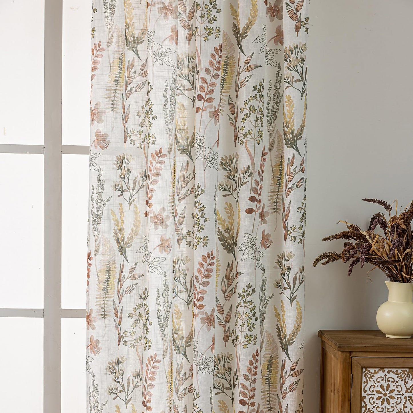 SUOUO Red-Brown Tropical Leaves Semi Sheer Curtains Linen Textured for Living Room Patterned Wildflower 84 inches Long Window Drapes for Dining Bedroom 2 Panels