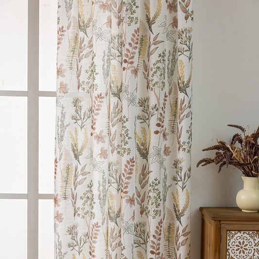 SUOUO Red-Brown Tropical Leaves Semi Sheer Curtains Linen Textured for Living Room Patterned Wildflower 84 inches Long Window Drapes for Dining Bedroom 2 Panels
