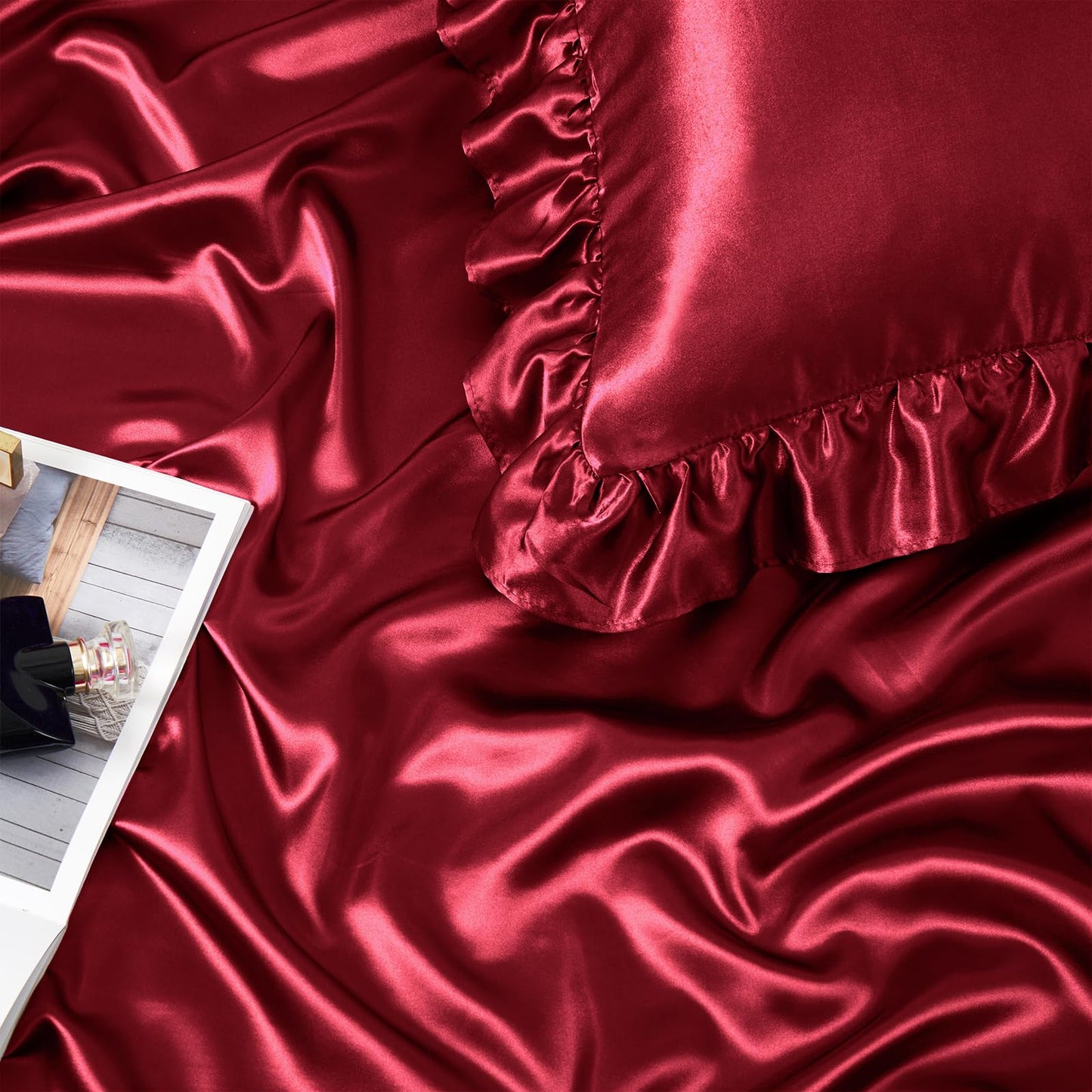 Homiest Ruffled Satin Sheets Full Size 6pc Set - Burgundy Bed Sheet Set with 15 Inch Deep Pocket Fitted Sheet, 1 Flat Sheet, 2 Ruffled Pillow Shams & 2 Pillowcases, Similar to Silk Sheets