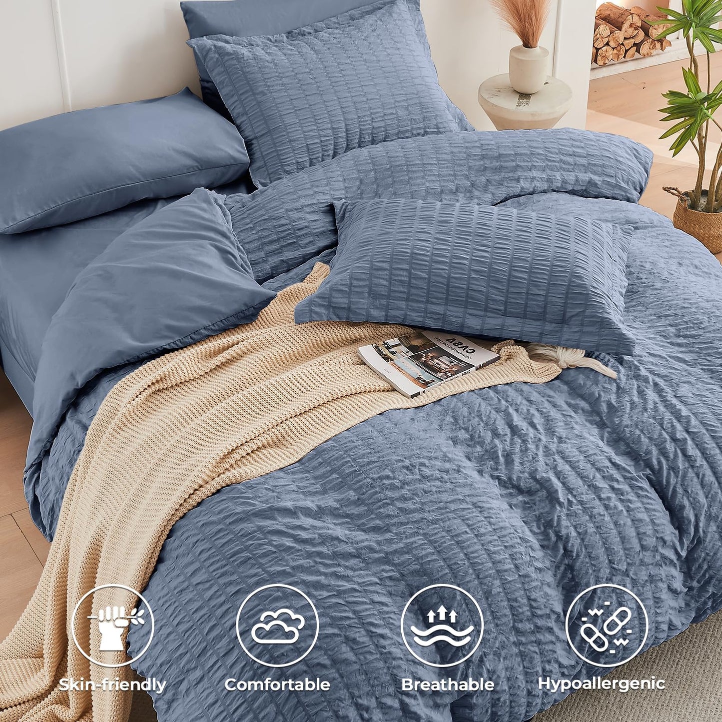 HYMOKEGE Nordic Blue Twin Comforter Set Seersucker 5 Pieces, All Season Luxury Bed in a Bag for Bedroom, Bedding Set with Comforter, Sheets, Pillowcase & Sham