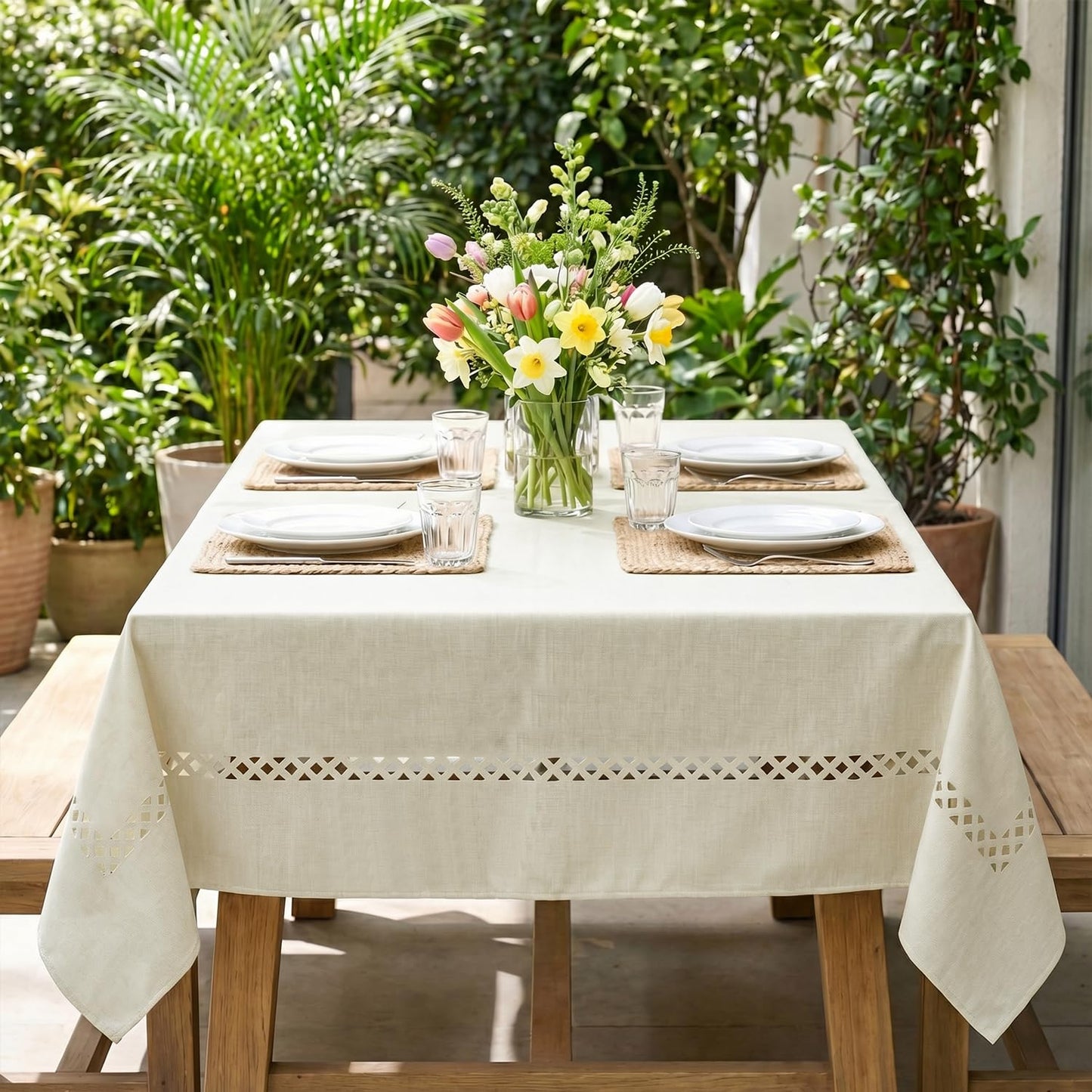 Horaldaily Beige Farmhouse Style Tablecloth with Decorative Cutouts, 60×84 Inch Rectangular Polyester Table Cloth, Wrinkle Resistant Washable Table Cover for Dining Wedding and Outdoor