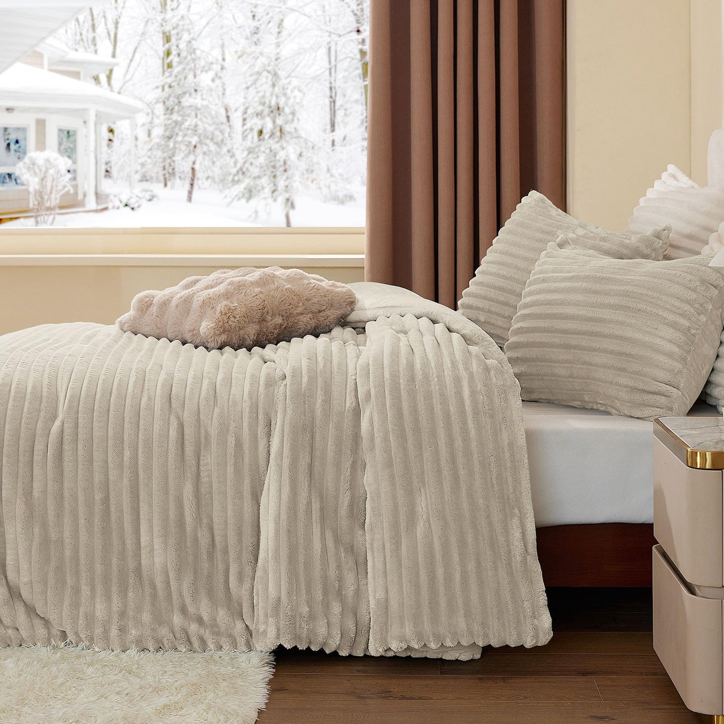 BEDELITE Fleece Queen Comforter Set -Super Soft & Warm Fluffy Linen Bedding, Luxury Fuzzy Heavy Bed Set for All Season with 2 Pillow Cases