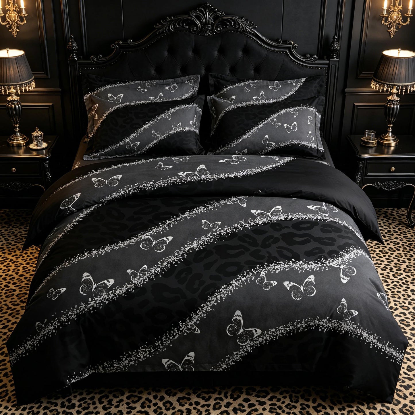 CCoutueChen Black Gothic Comforter Set Queen, Leopard Butterfly Bedding Set with 2 Pillowcases - 3 Pcs Soft Fluffy Breathable Microfiber Lightweight Comforter, 90"x90"