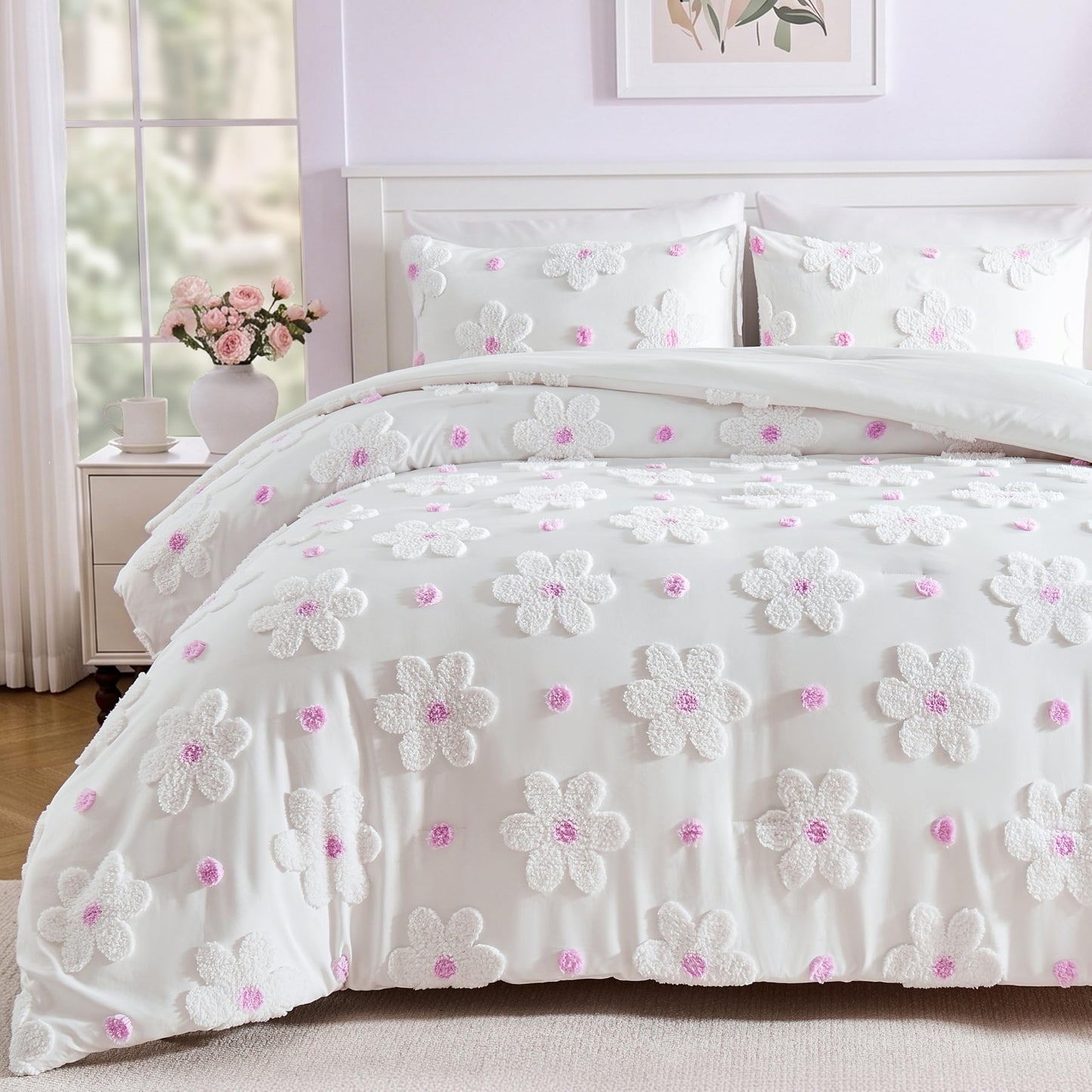 CotComf Twin Comforter Set for Girls 2 Pieces Tufted Daisies Flowers Soft Pink Floral Twin Size Bedding Set Bed in A Bag Cute Comforter Set for Kids, Lightweight Bed Set for Kids Teen Girls Women