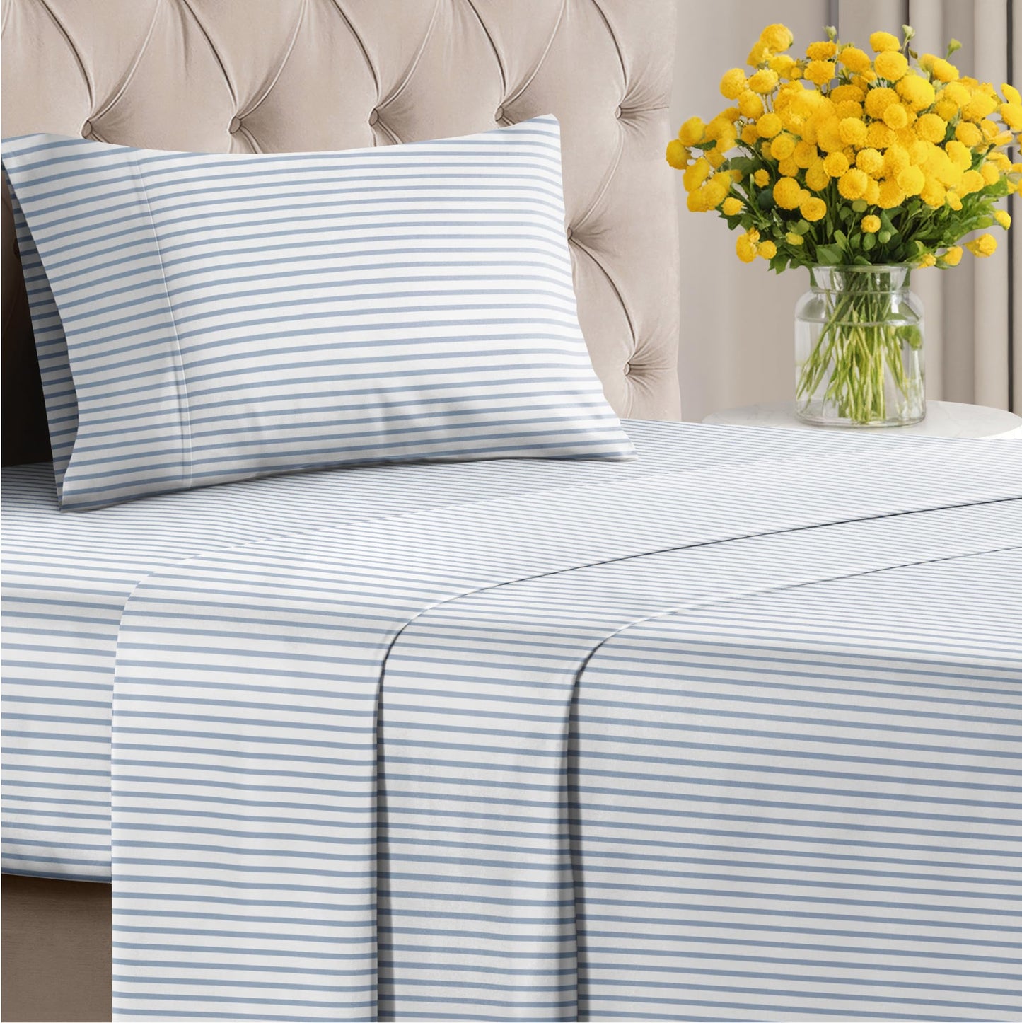 Striped Sheets - Blue & White Striped Sheets - 1 Flat & 1 Fitted & 1 Pillowcase w/ Deep Pockets – Wrinkle & Fade Resistant - Ultra-Soft, Breathable & Cooling - Luxury Pinstripe Bedding - Twin Size Set