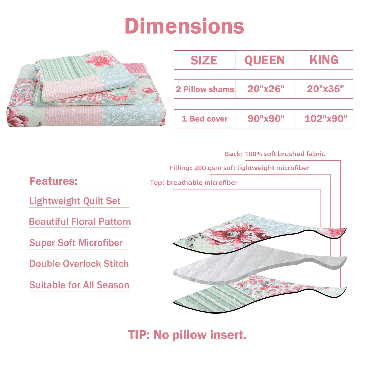 Cmfshape Summer Floral King Quilted Bedspread,Romantic Pink Quilt Set King,Reversible Stitched Bedding Set All Season,Soft Lightweight Coverlet with Pillow Cases (Pink&Grey, King102 x90)