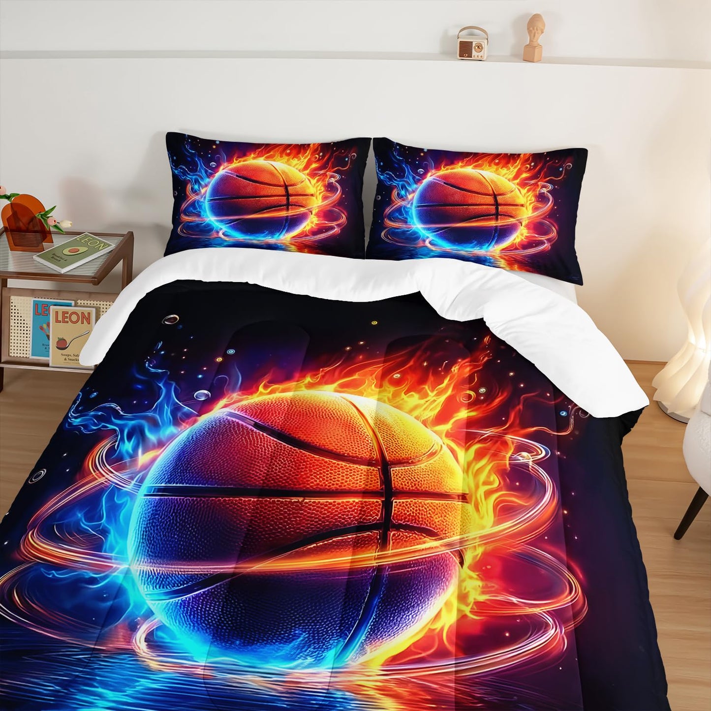 HOSIMA Twin Bedding Sets for Kids,Basketball Wrapped in Red Blue Flames,Cool Extreme Sports Bedding for Teens Boys Room Decor,Soft Lightweight Basketball Comforter with 2 Pillowcases.