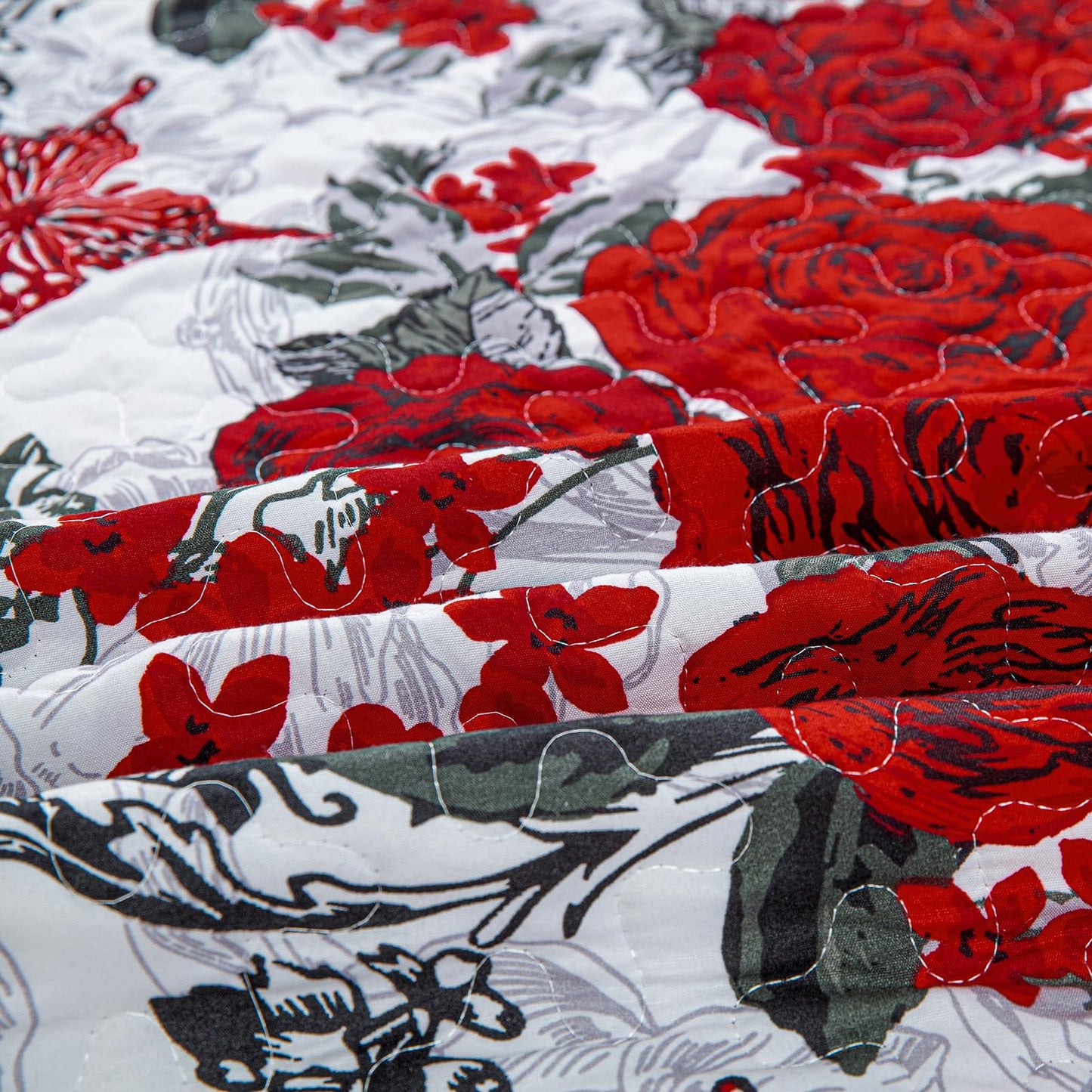 Yiran Red Floral Bedspreads Queen Size Rose Flowers Quilt Bedding Set 3 Pieces Lightweight Microfiber Botanical Coverlet with 2 Pillow Shams for All Season 96x90 Inch