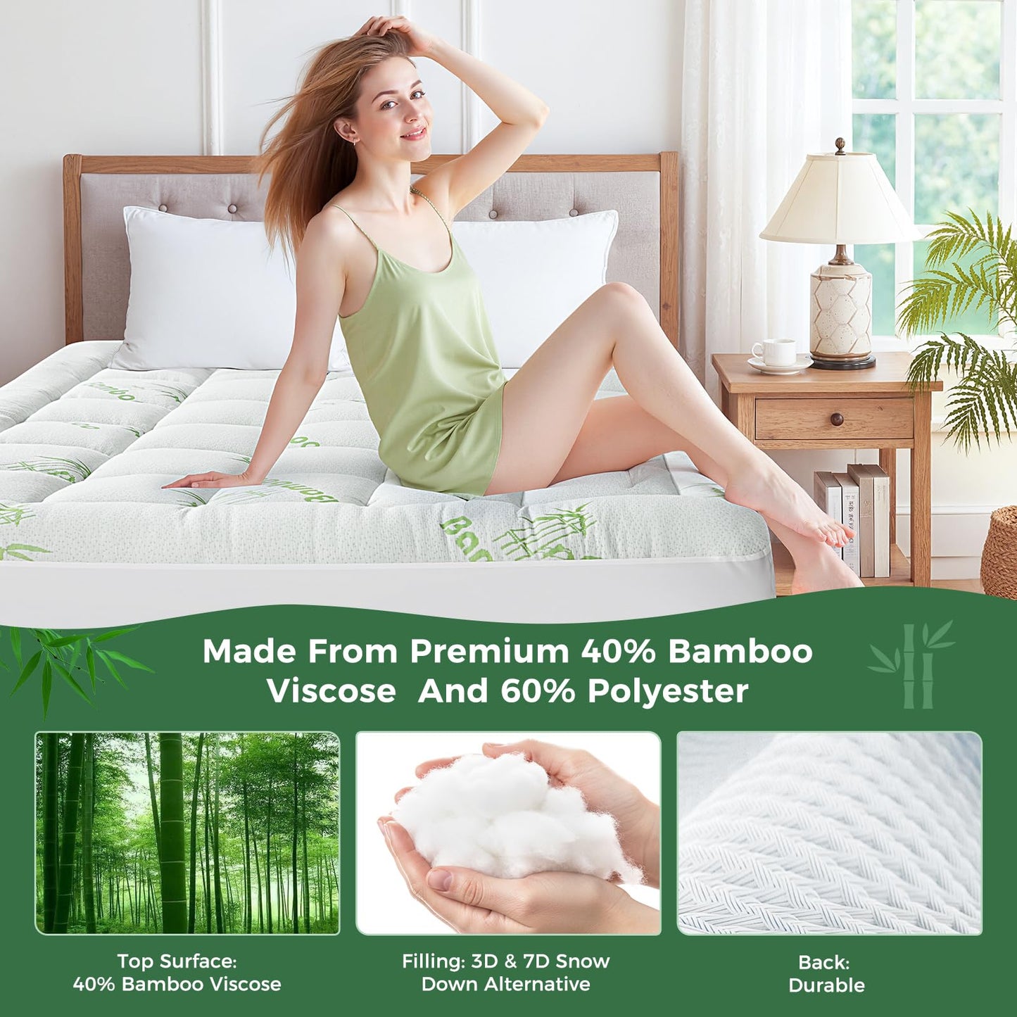 HYLEORY Mattress Topper - Thick Bamboo-Viscose Naturally Cooling Pillow Top Mattress Pad Breathable Fluffy Soft Mattress pad for Back Pain Relief, King Size, Green