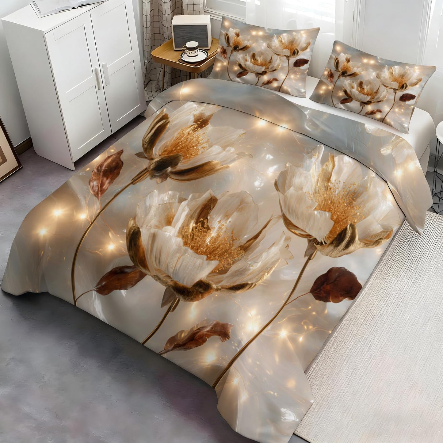 ZAOMIR Golden Floral Duvet Cover King Size, Luxurious 3D Relief Floral Bedding Set 3 Piece, Art Abstract Blossoms Flower Patterned Comforter Cover with Zipper & Ties, 2 Pillowcases