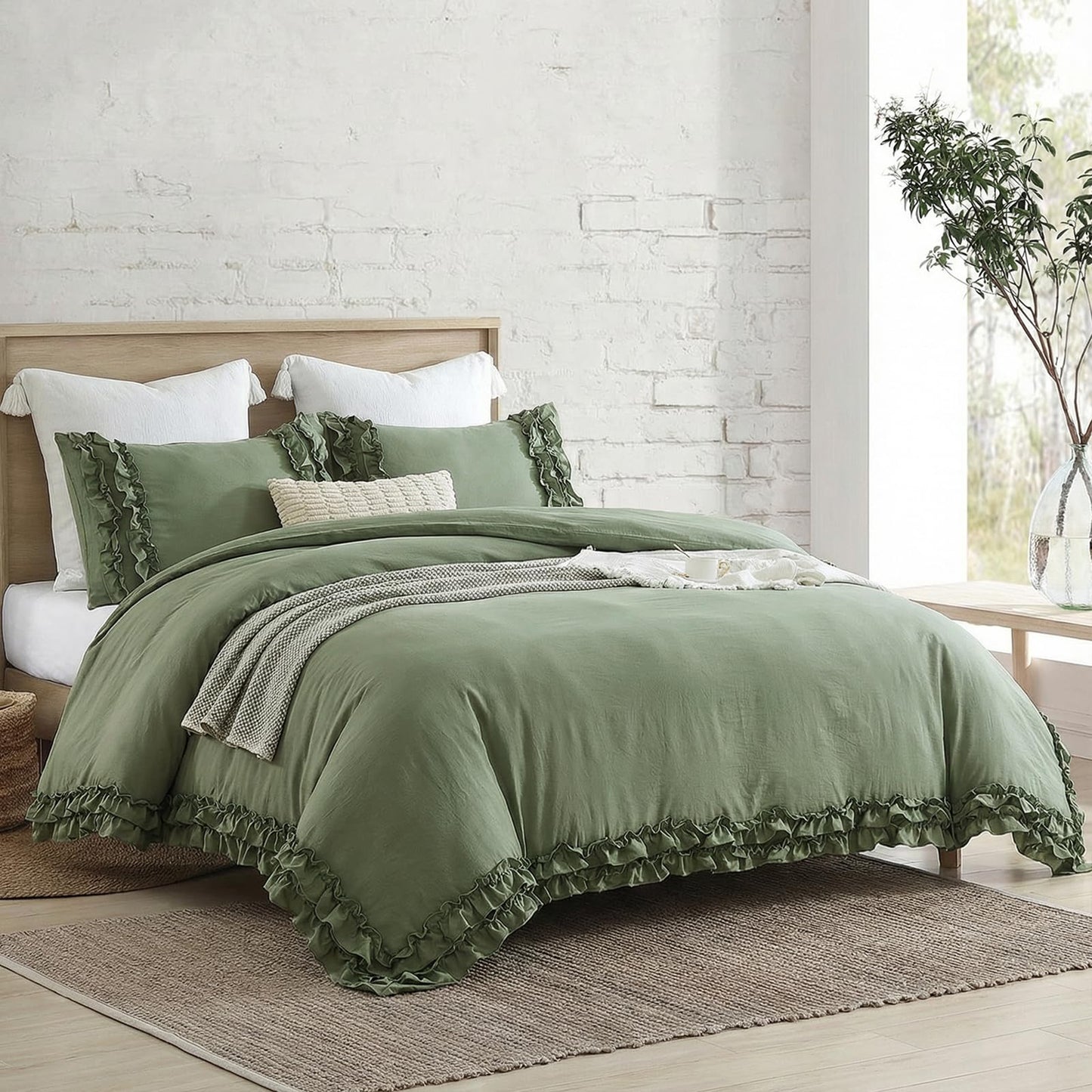 Avocado Green Duvet Cover Queen Ruffled Bedding Set Pleated Ruffle Fringe Shabby Chic Bedding Super Soft Cozy Boho Bedroom Bedding for All Season
