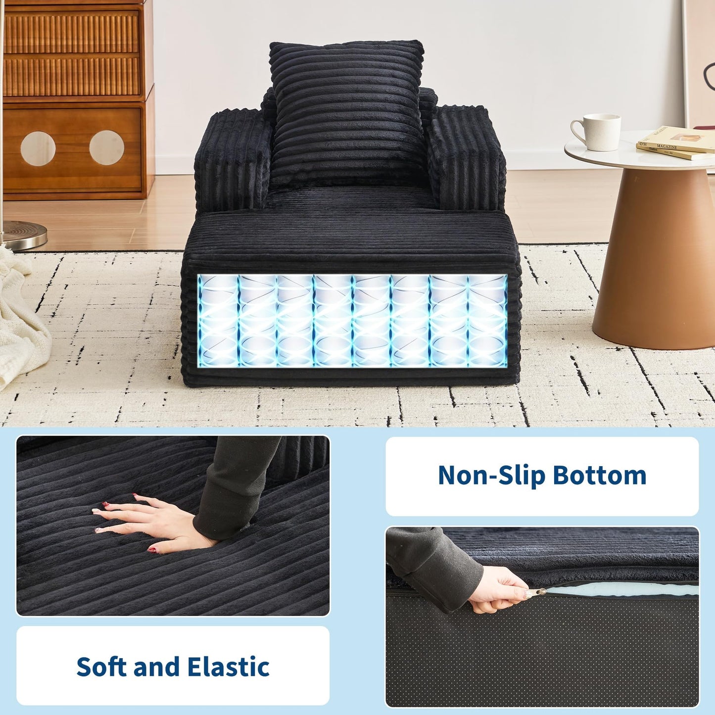 Garvee 45'' Indoor Chaise Lounge Chair Corduroy Cloud Single Couch Sofa with Deep Seat & Armrests Comfy Reading Chair Sleeper Bed for Living Room Bedroom Movie Room No-Assembly
