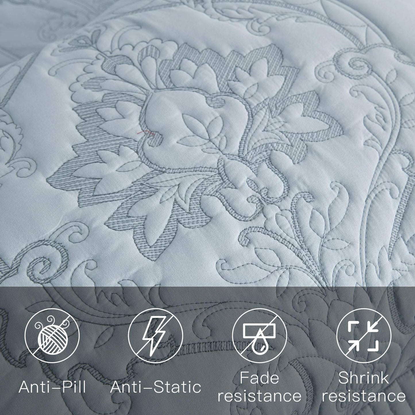 CHIXIN Oversized Bedspread Coverlet Set King Size - Lightweight Bedding Cover - Beautiful Stitching - 5 Piece Reversible Bedspread - Gorgeous Damask Paisley Pattern (King, Light Grey)