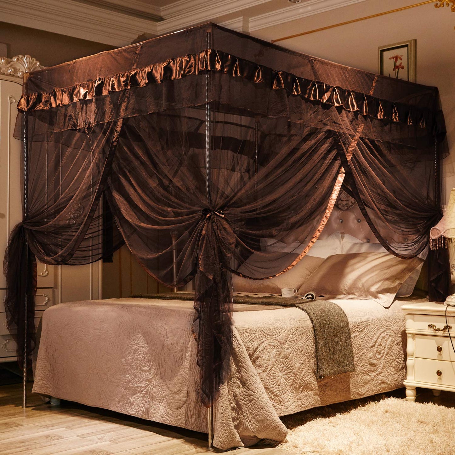 Mengersi 4 Corners Post Canopy Bed Curtains Canopy for Bed King Size - Royal Luxurious Mosquito Net Bedroom Decor (King, Coffee)