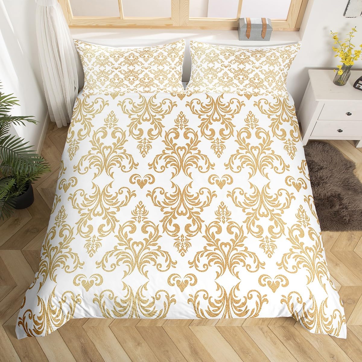 Feelyou Jacquard Damask Bedding Set King Size Floral Duvet Cover for Adult Boys Girls Teens Boho Comforter Cover Set White Gold Bedspread Cover 3Pcs Zipper