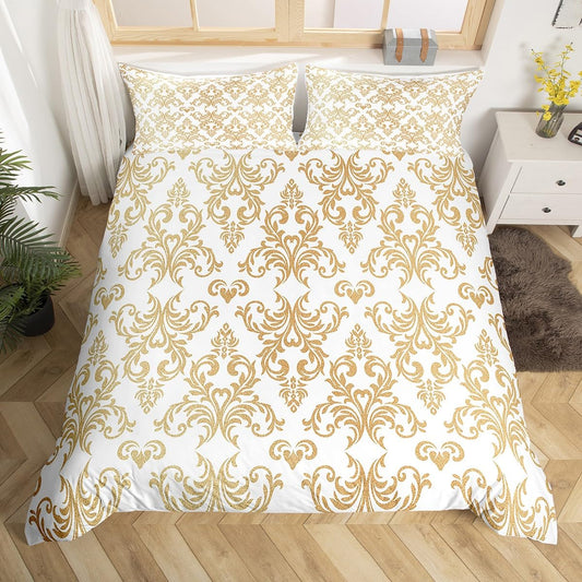 Feelyou Jacquard Damask Bedding Set King Size Floral Duvet Cover for Adult Boys Girls Teens Boho Comforter Cover Set White Gold Bedspread Cover 3Pcs Zipper