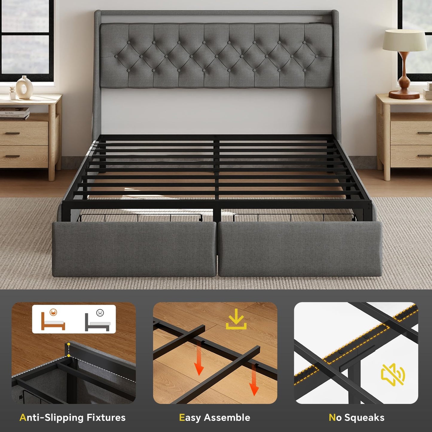 SADENICEL Full Size Bed Frame with Storage Headboard and 2 Drawer, Metal Full Bed Frame Platform with LED Light, Charging Station, No Box Spring Needed, Noise Free, Easy Assembly, Grey