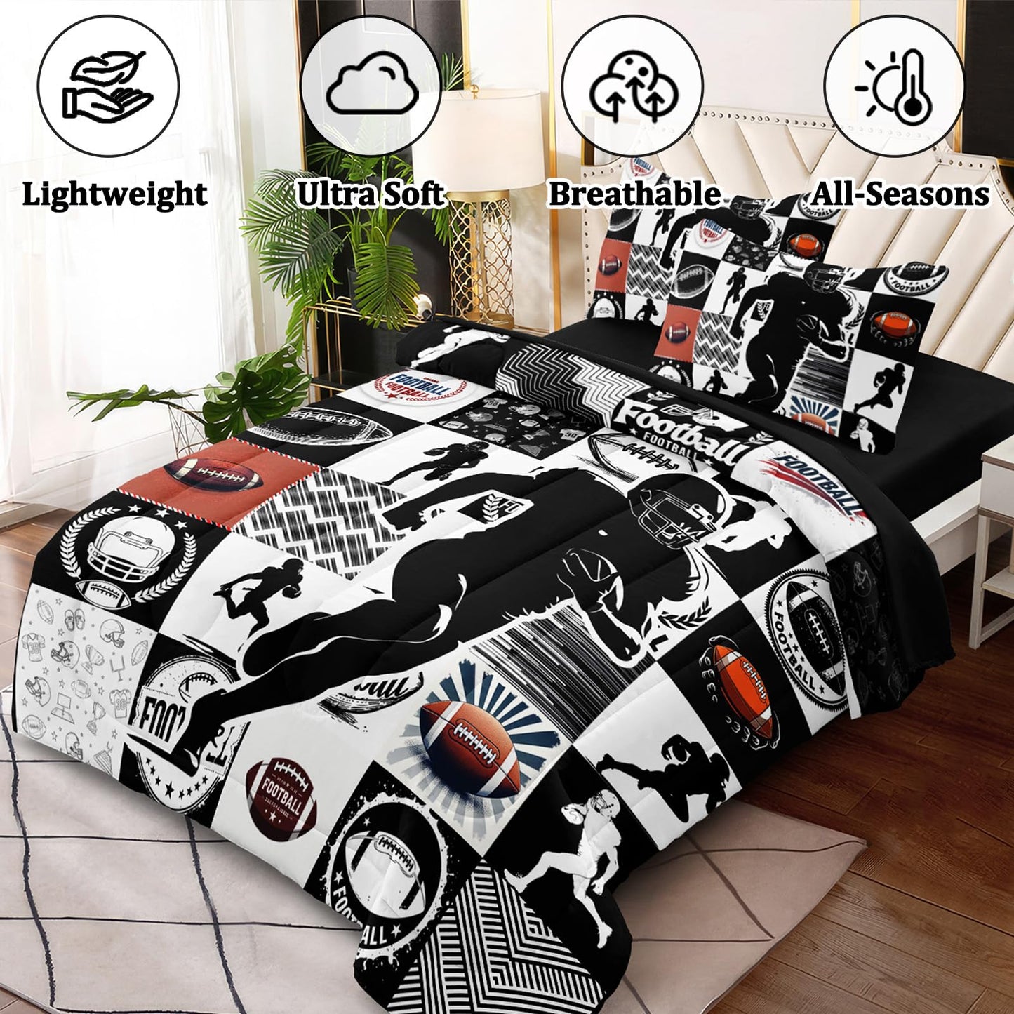 HICAND 5 Pcs Football Full Bedding Set for Boys Teens, Full Size Sports Cool Football Boys Comforter Set with Sheets