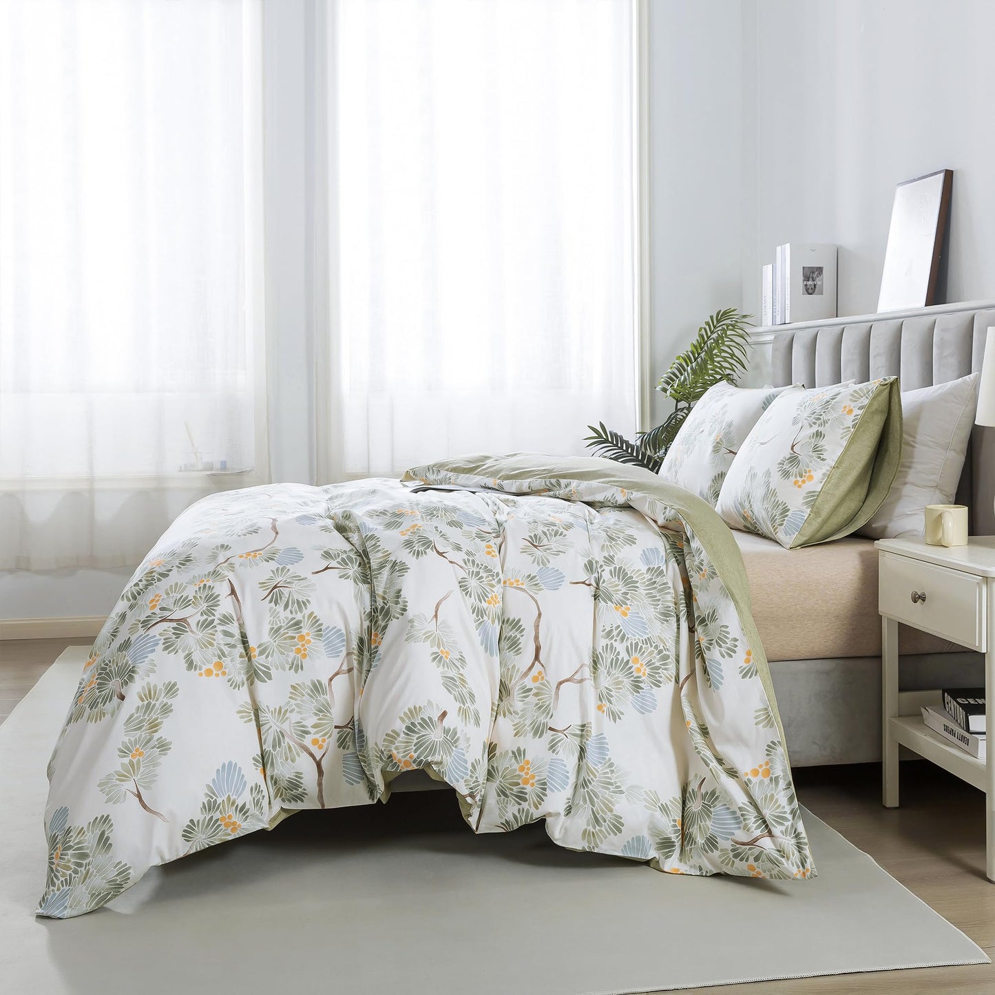 HoneiLife Duvet Dover Queen Size - 100% Cotton Comforter Cover Botanical Bedlinen Set with Zipper Closure & Corner Ties, 3-PC Forest Comforter Cover Sets
