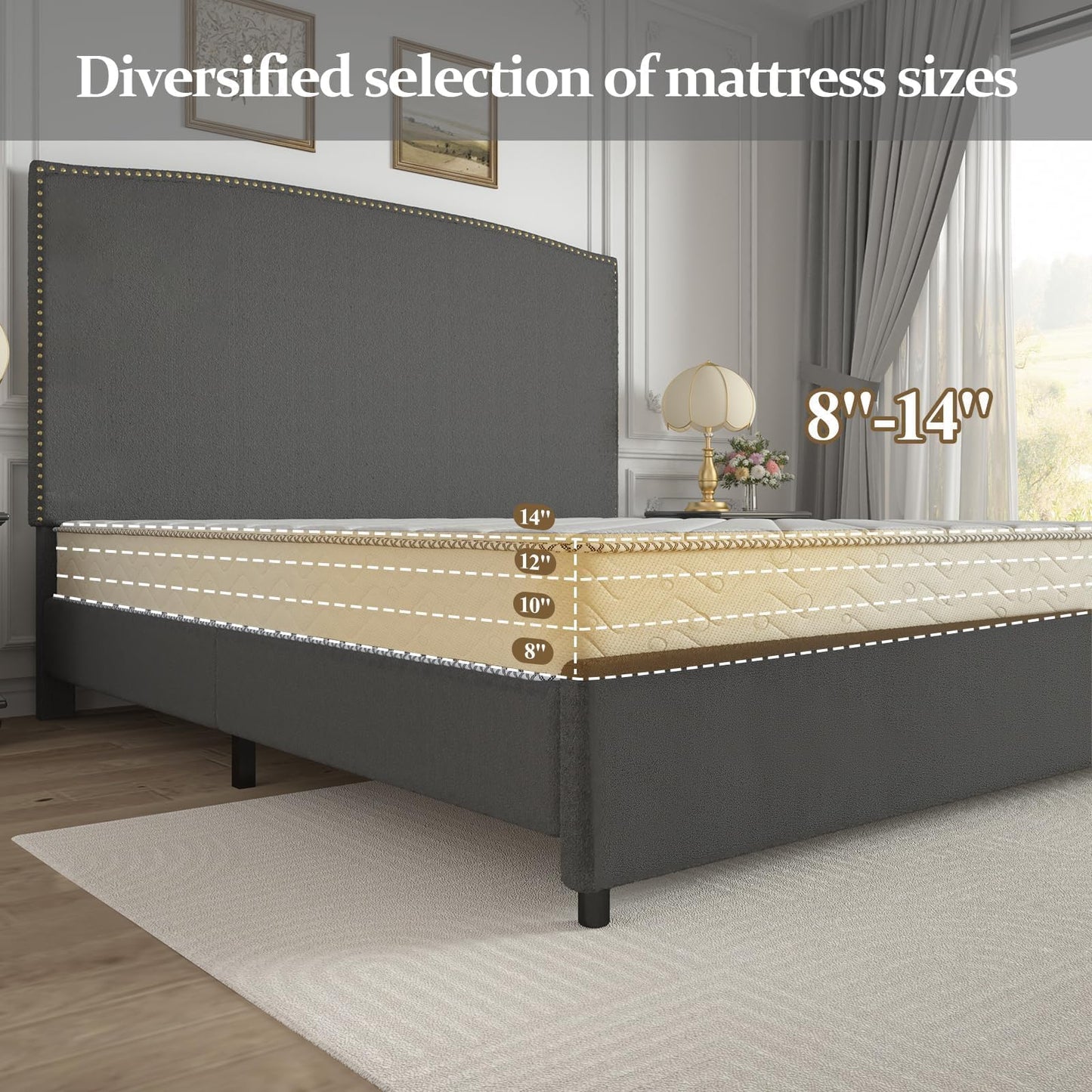 BarnFurin Queen Size Chenille Bed Frame with 56" Tall Headboard, Upholstered Platform Bed with Nailhead Trim Headboard, Soft Boucle Fabric, No Box Spring Required, Easy Assembly, Grey