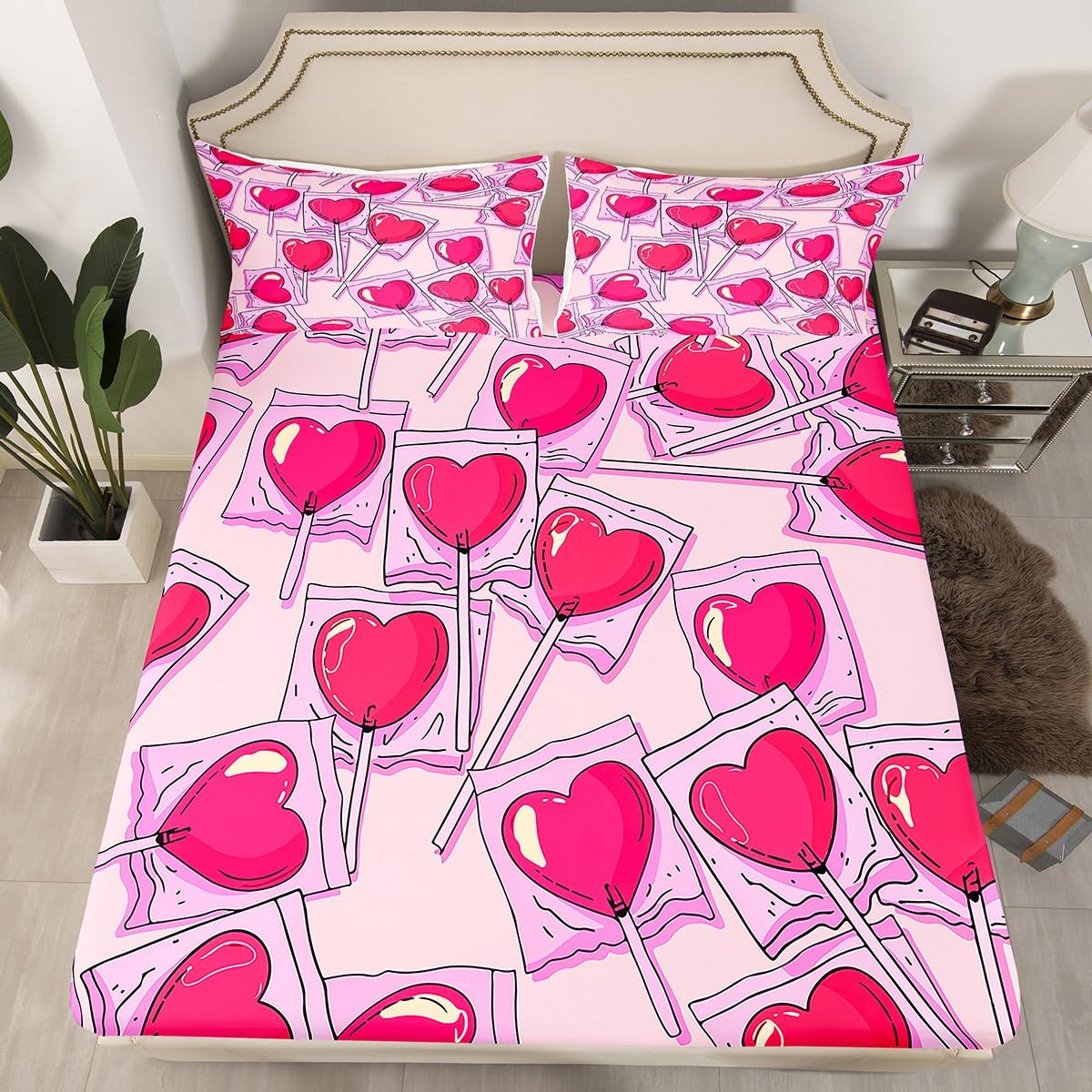 Feelyou Boys Girls Love Heart Bed Sheet Set Full Size, Valentine's Day Fitted Sheet Kids Red Heart Bedding Set Romantic Teens Bed Cover Bedroom Decor Lightweight Bed Set (No Flat Sheet)