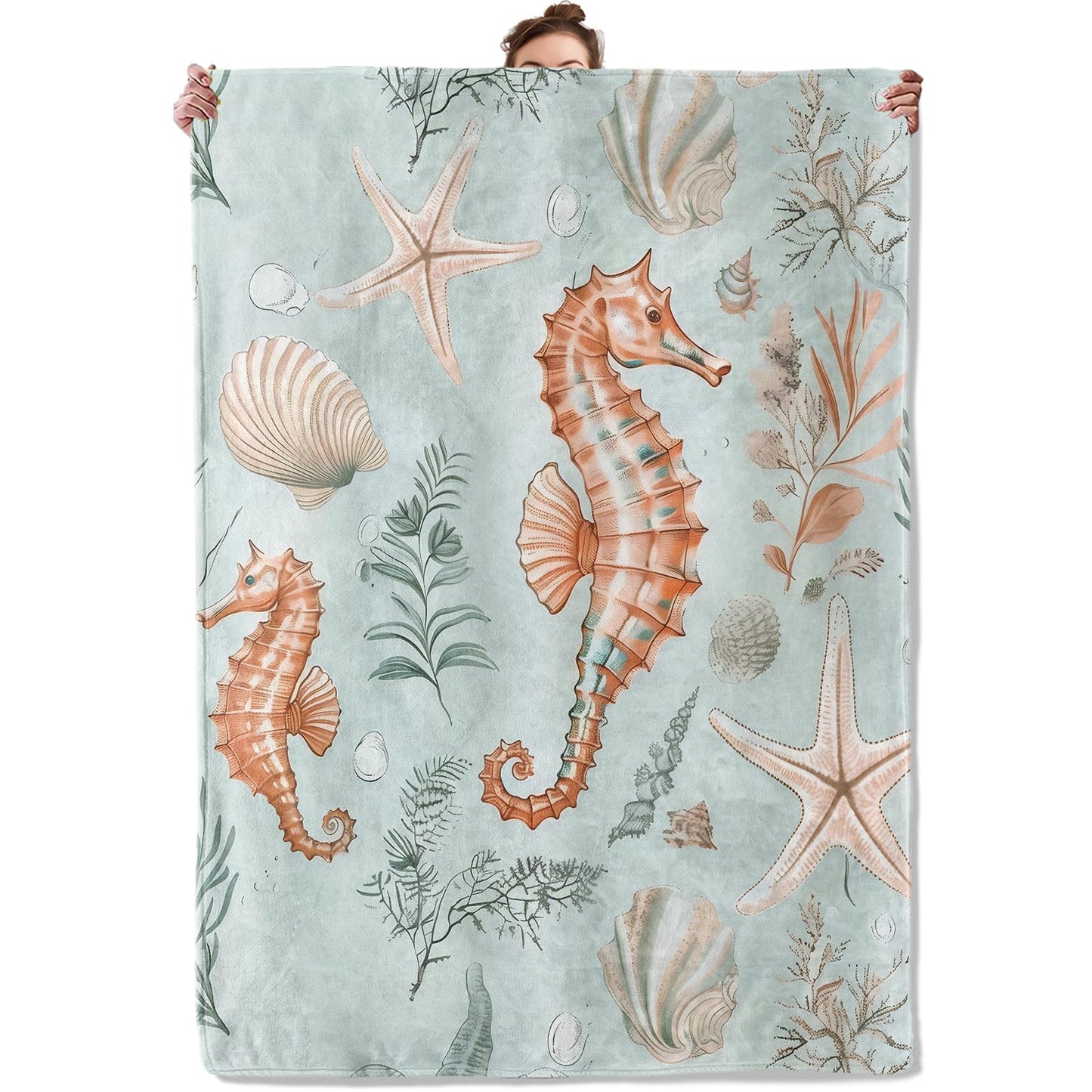 TRYYN Coastal Seahorse Throw Blanket for Couch Picnic Camping Bedroom Decor, Marine Coral Starfish Shells Seaweed, Super Soft Cozy Warm Fluffy Fleece Blankets Gifts for Kids Adults, 60x50 Inch