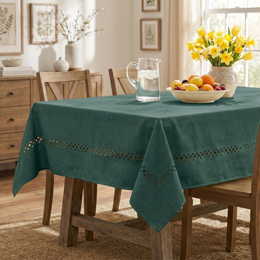 Horaldaily Green Farmhouse Style Tablecloth with Decorative Cutouts, 60×84 Inch Rectangular Polyester Table Cloth, Wrinkle Resistant Washable Table Cover for Dining Wedding and Outdoor