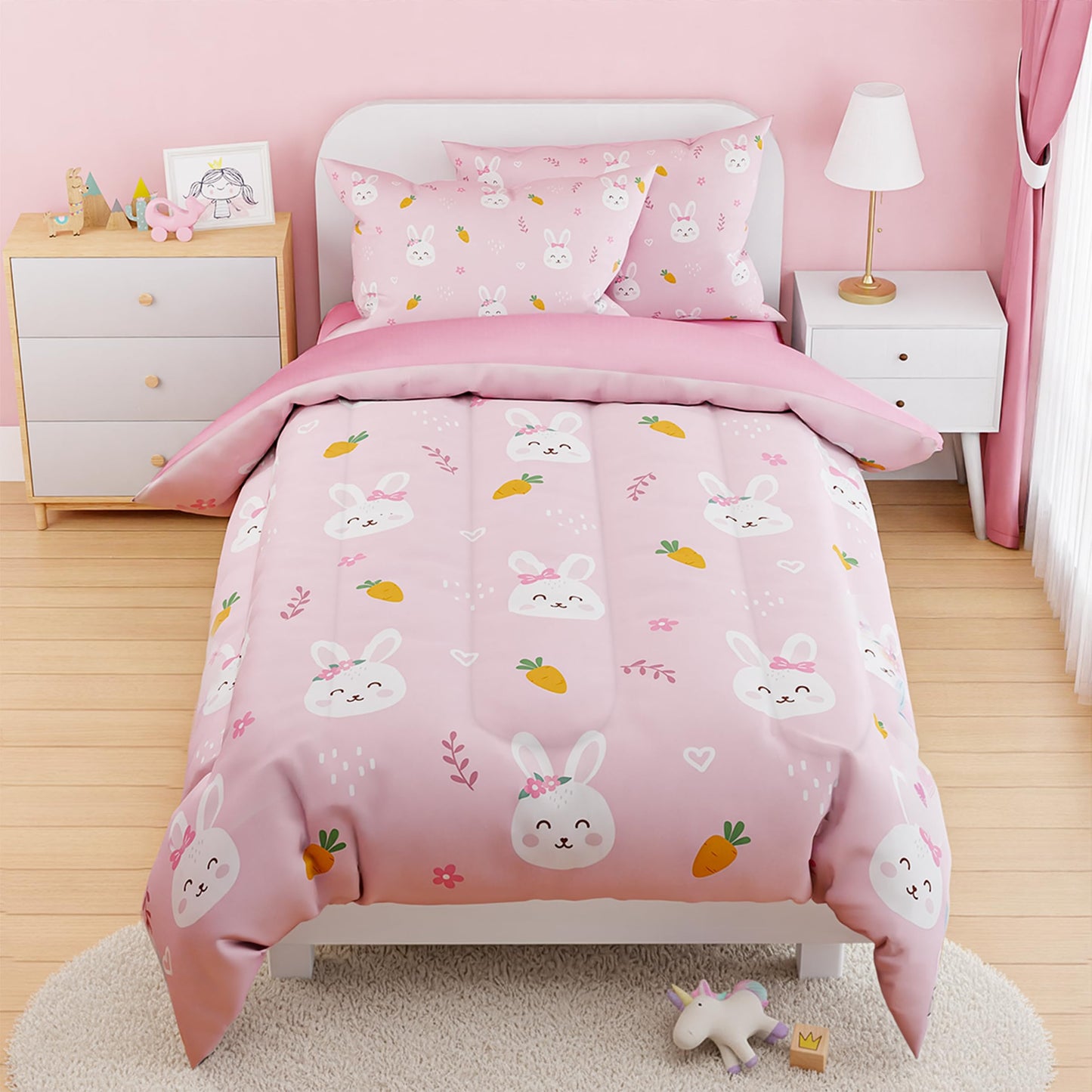 SANDJEST Rabbit Comforter Set Twin Size 68x86in for Kids Girls, Microfiber 3 Pcs Bedding Set Includes 1 Comforter, 1 Pillowcase, 1 Fitted Sheet, Nursery Room Decor